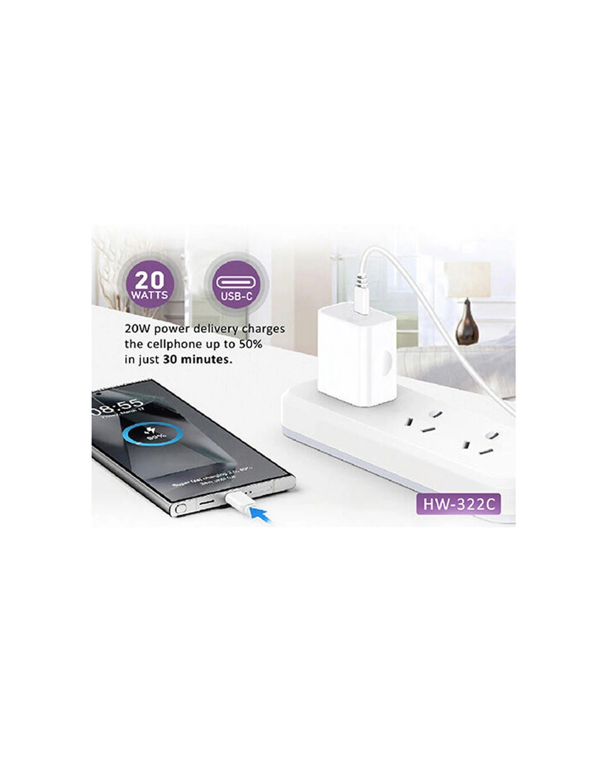 2 Sansai Low Profile USB-C Wall Charger PD20W Fast Charging Compact Design for Phone and Tablet - White, 2 of 3
