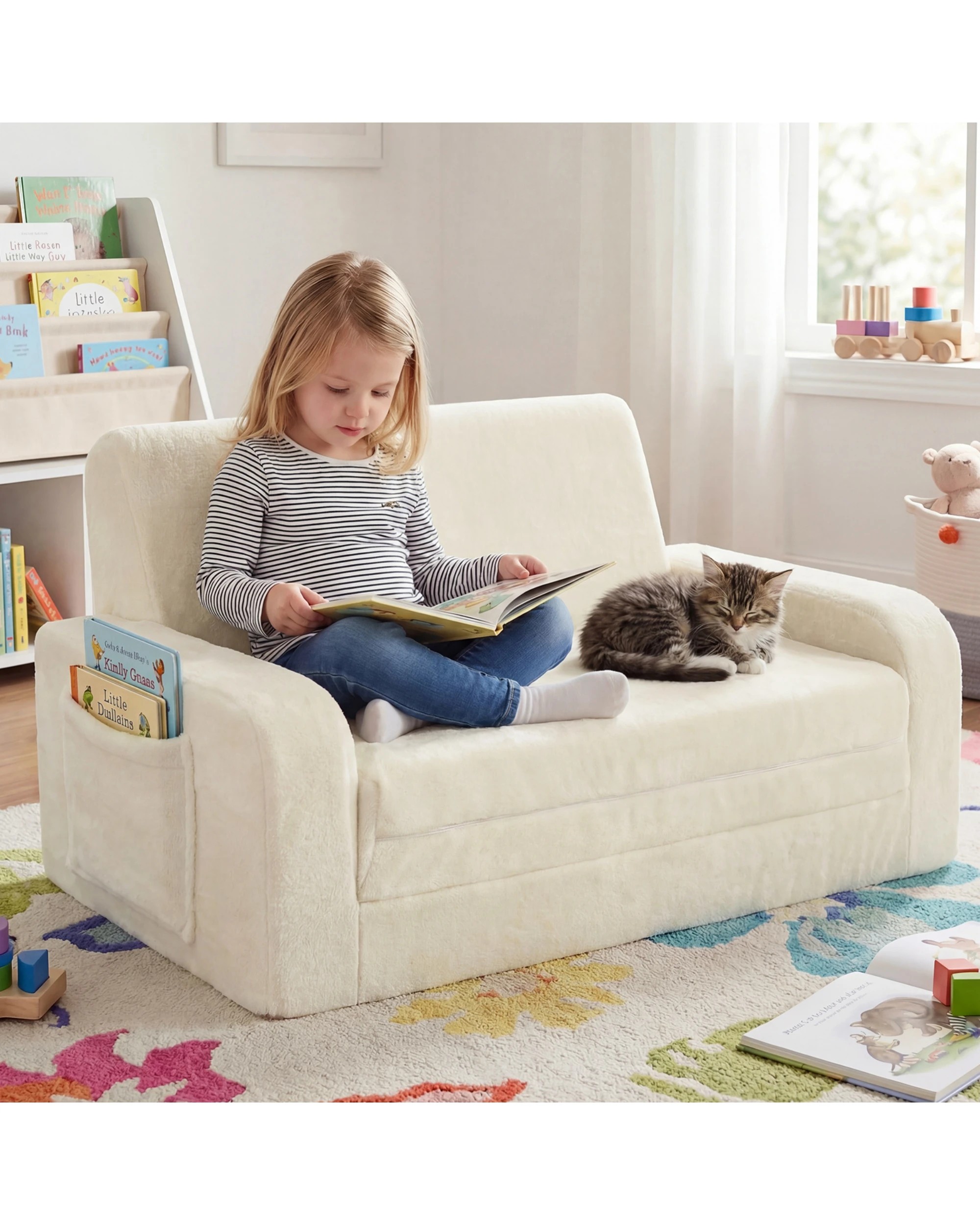 3 ADVWIN 3-in-1 Kids Loveseat Sofa Toddler Couch Chair & Lounger - Beige, 3 of 10