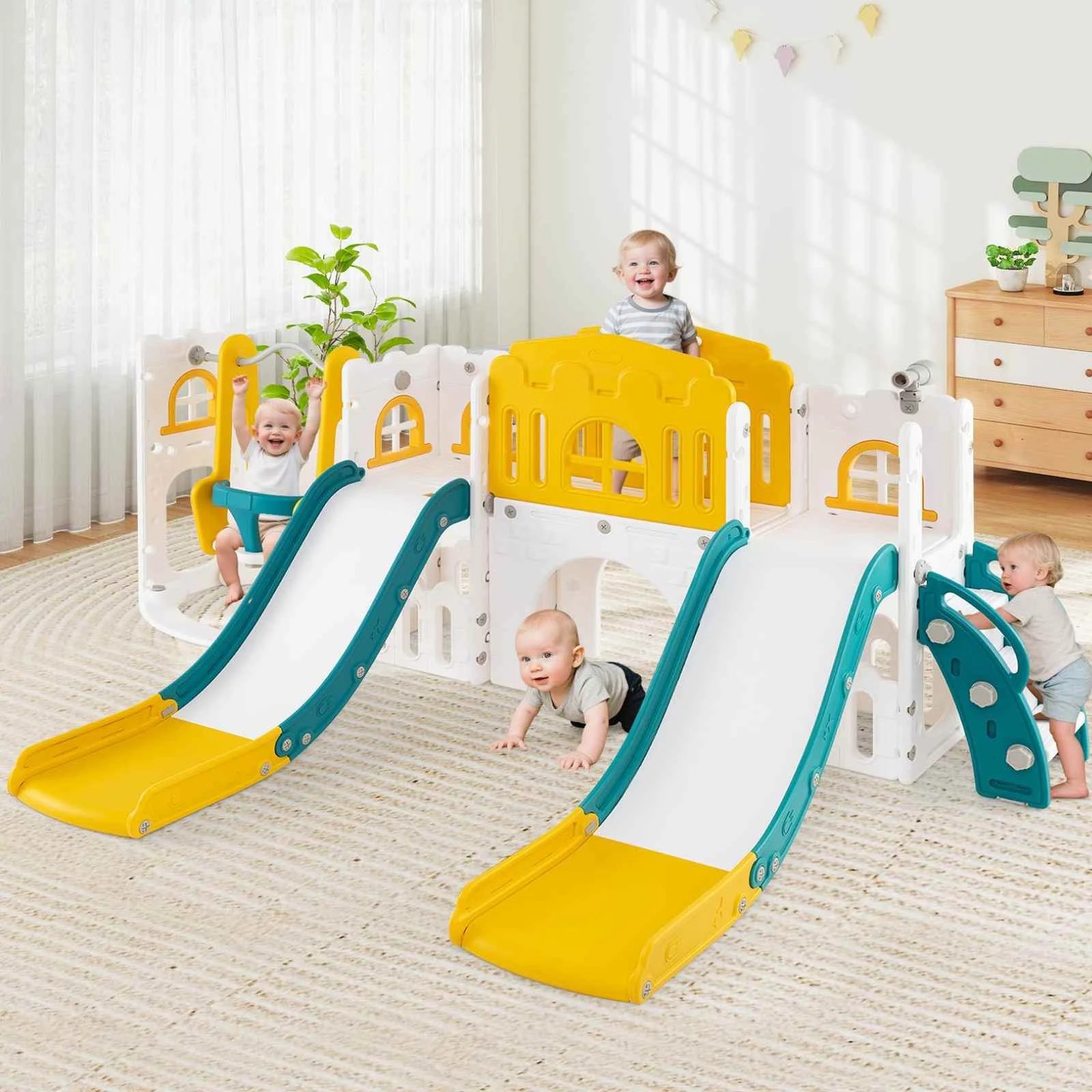 2 Costway 174cm 10 in 1 Kids Slide Swing Set w/Basketball Hoop Double Slides Indoor Playground - Yellow, 2 of 2