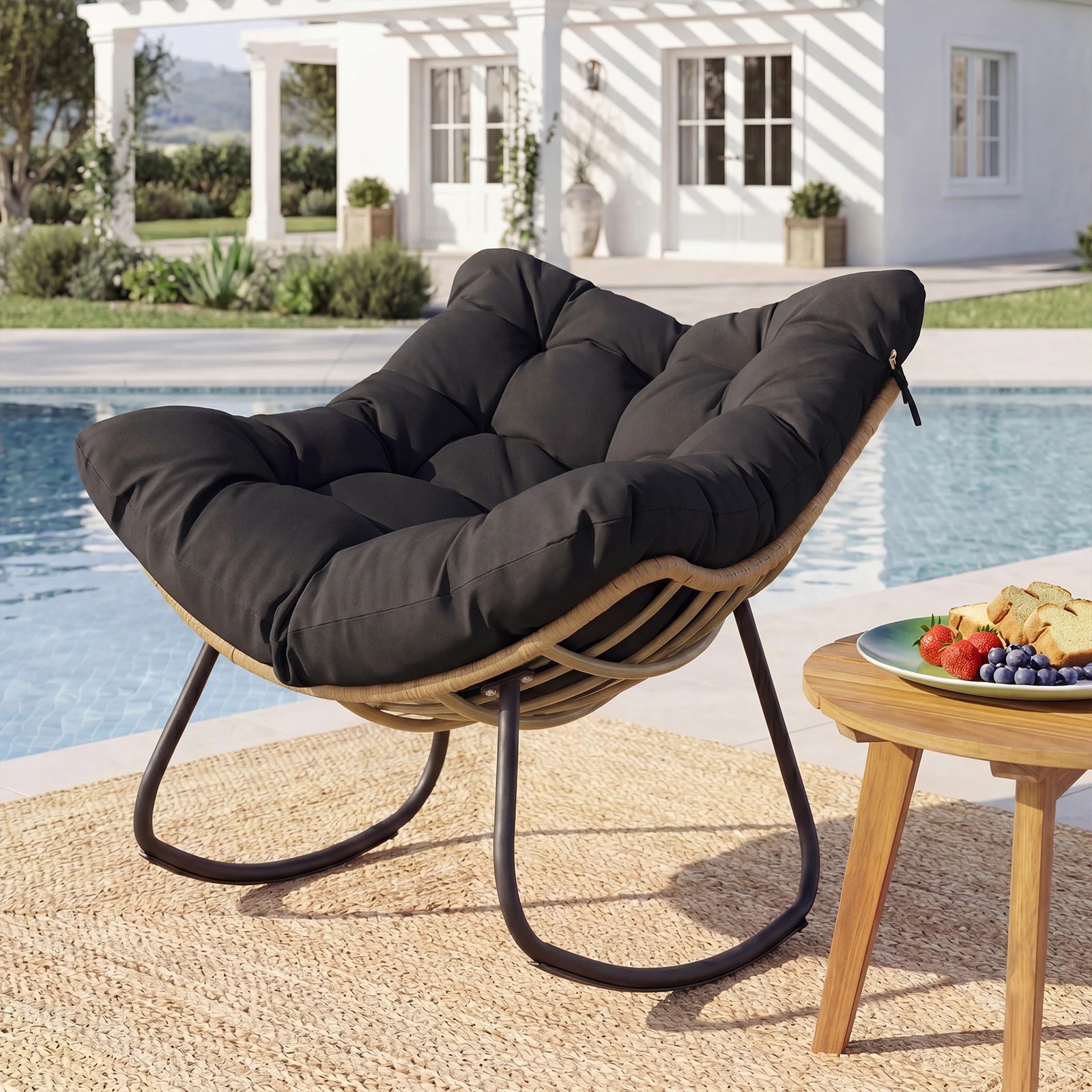 3 Costway Outdoor Papasan Rocking Chair w/Cushion Oversized PE Wicker Egg Chair - Black, 3 of 6