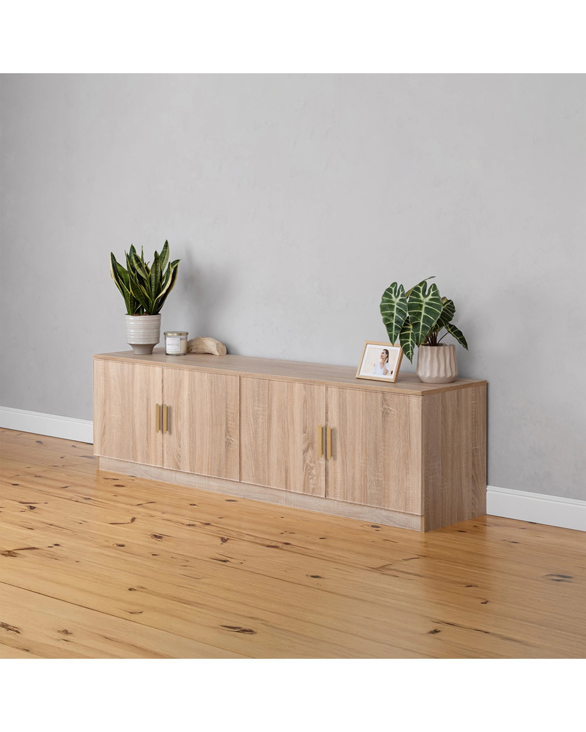 3 European Cabinetry Bucharest Oak Slim TV Unit Furniture Brass Oval Handle - Natural, 3 of 4