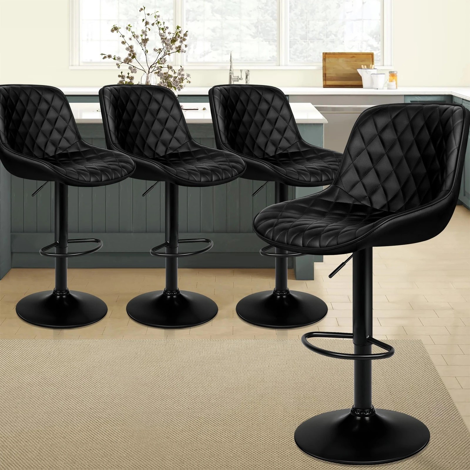 2 Alfordson 4x Bar Stools Gas Lift Leather Bar Chairs Kitchen Swivel - All Black, 2 of 10