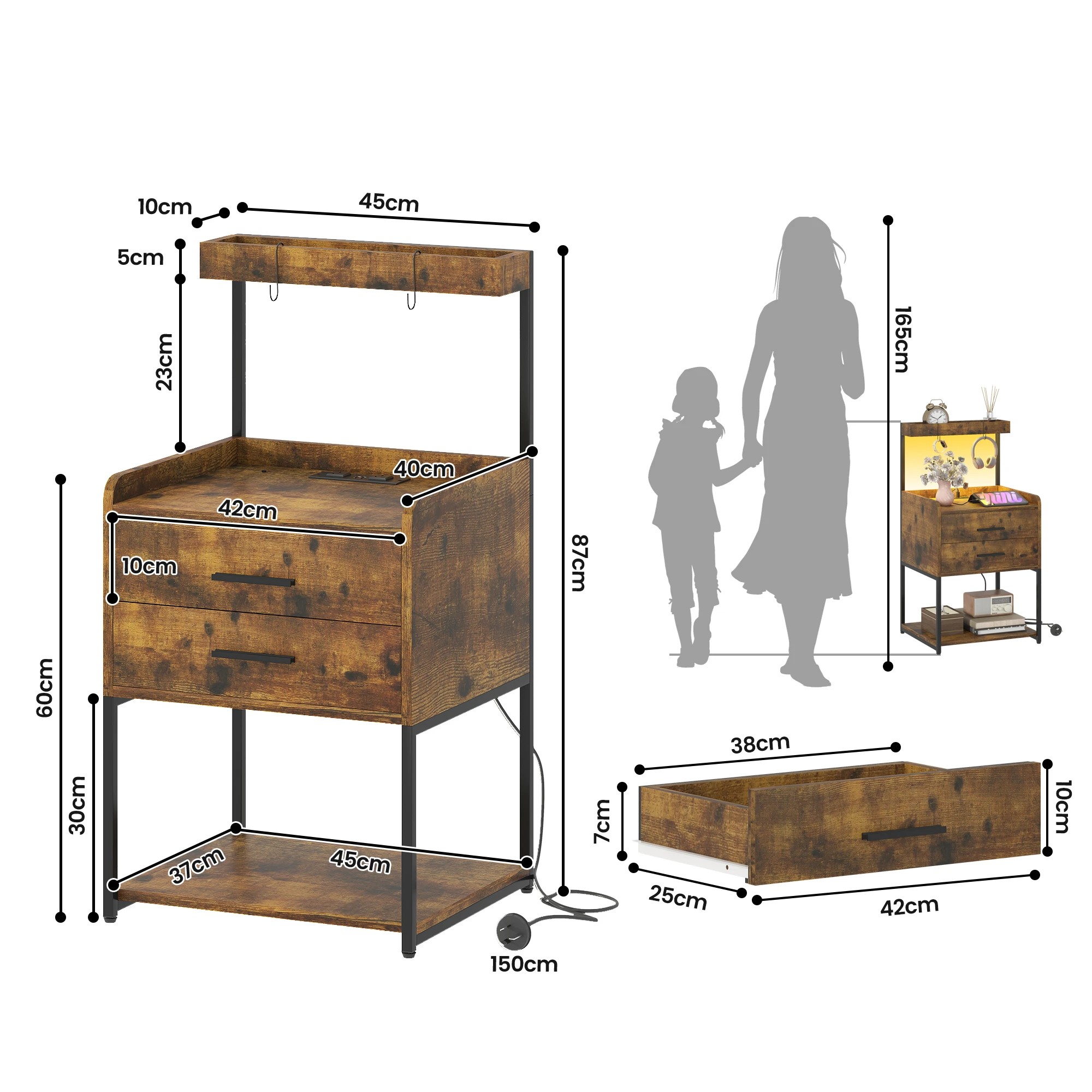 3 Advwin Set of 2 Bedside Table with Charging Station LED Lights Drawers - Brown, 3 of 10