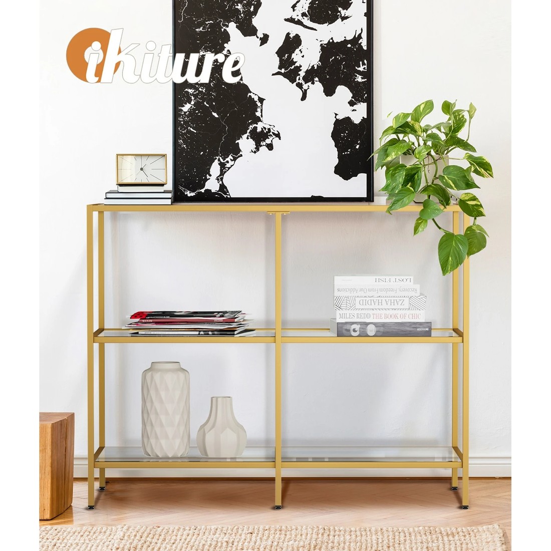 5 Oikiture Console Table Tempered Glass Sofa Table Hall Side Entry 3 Shelves
 - Gold, 5 of 10