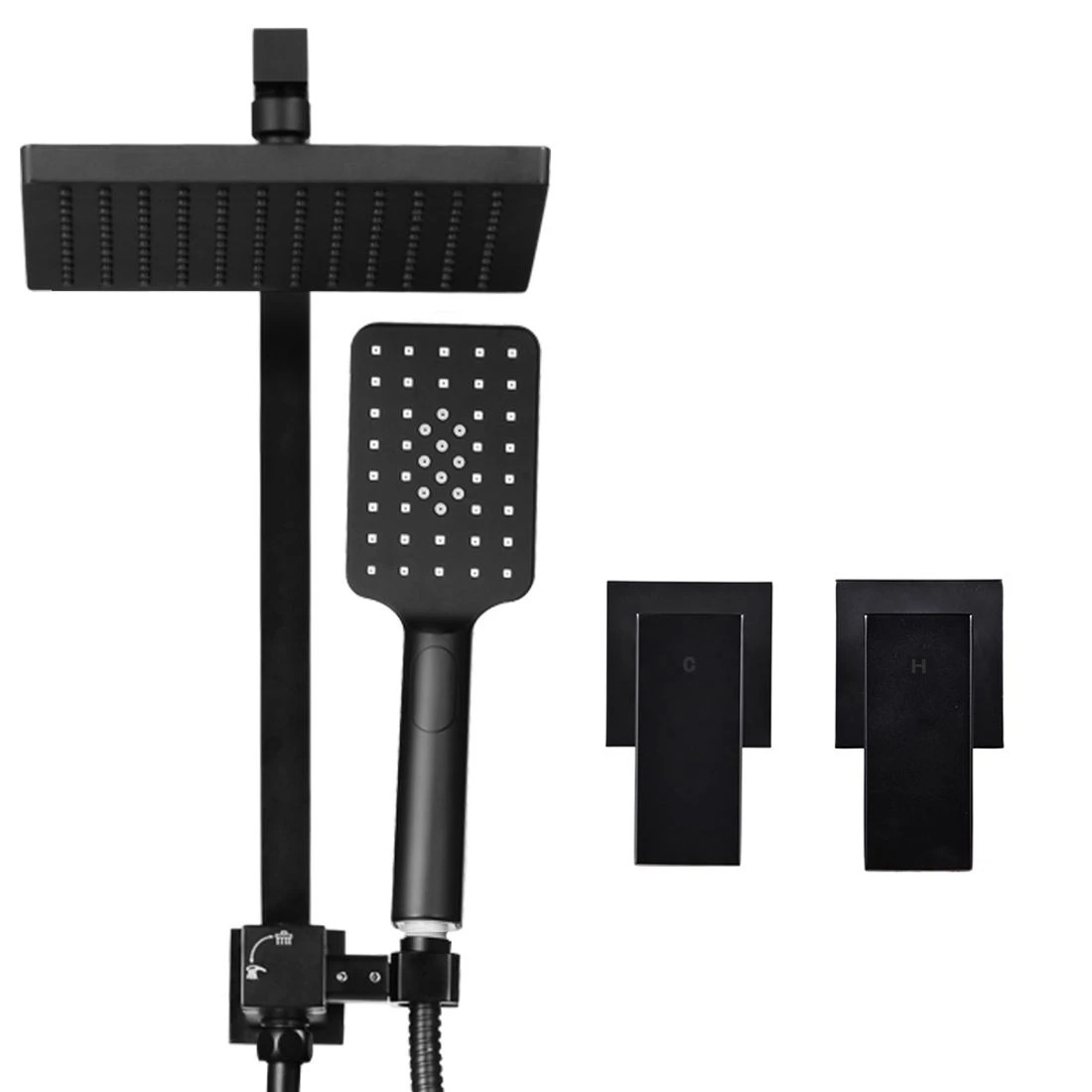 1 Cefito 8'' Rain Shower Head Set Handheld Square High Pressure Twins Tap - Black, 1 of 5