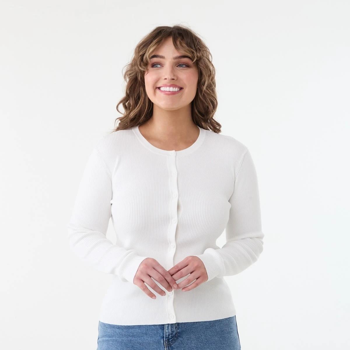1 Long Sleeve Rib Button Through Top SNOW WHITE, 1 of 5