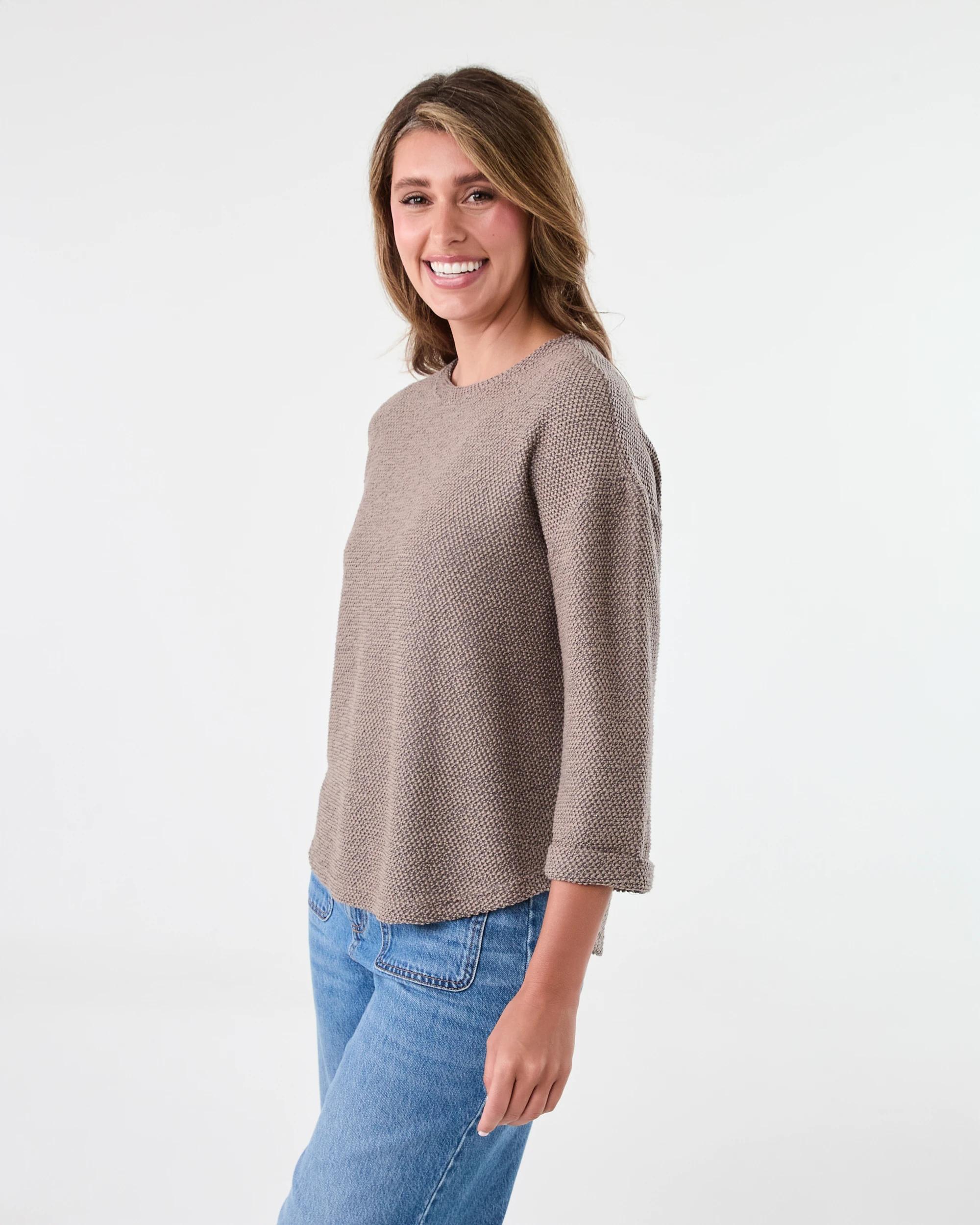 2 Long Sleeve Textured Split Hem Top Taupe Brn, 2 of 7