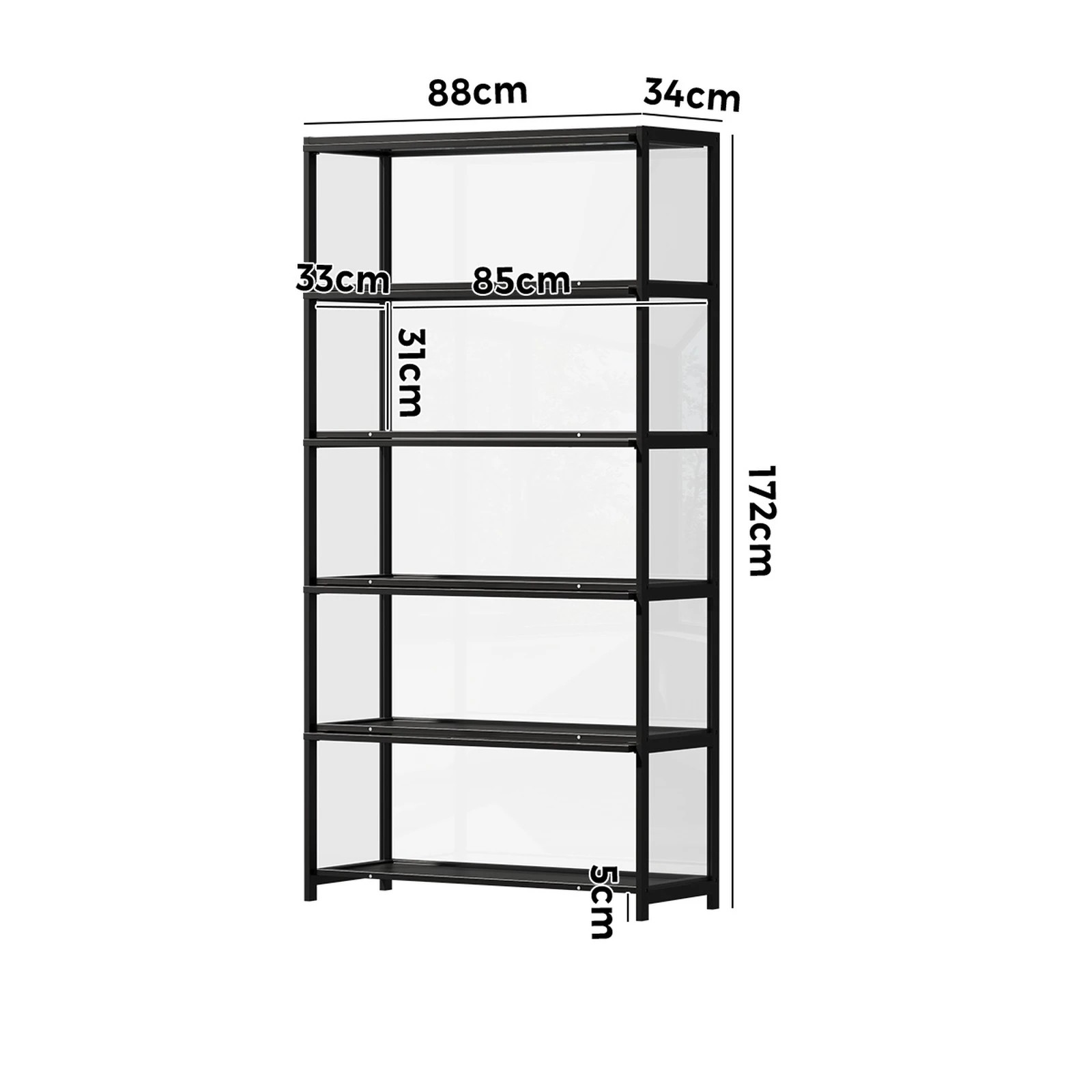 2 Oikiture Display Cabinet Storage 5-Tier Shelves Tall Clear Bookcase Rack - Black, 2 of 8