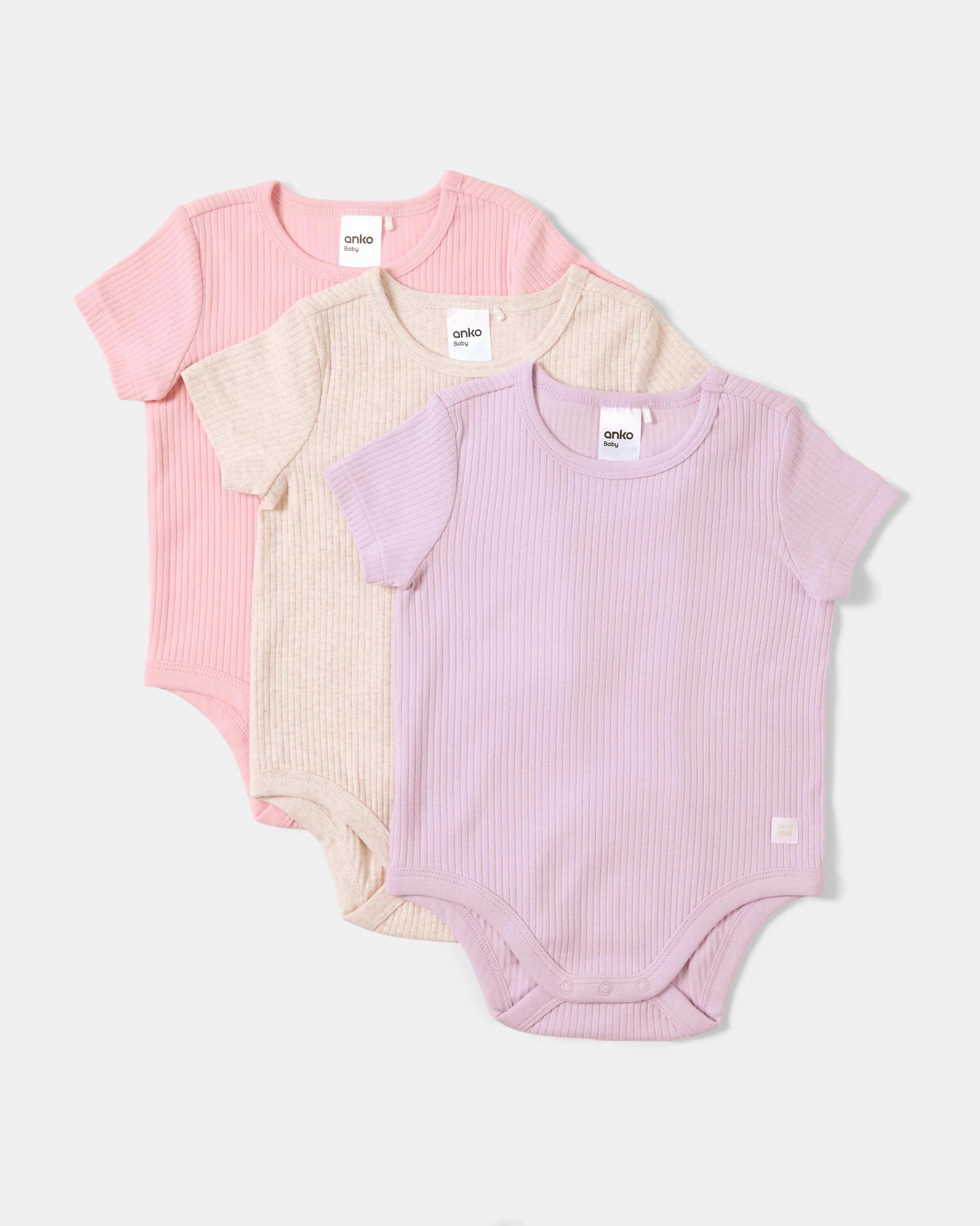 1 3 Pack Short Sleeve Rib Bodysuits Pink Multi, 1 of 8