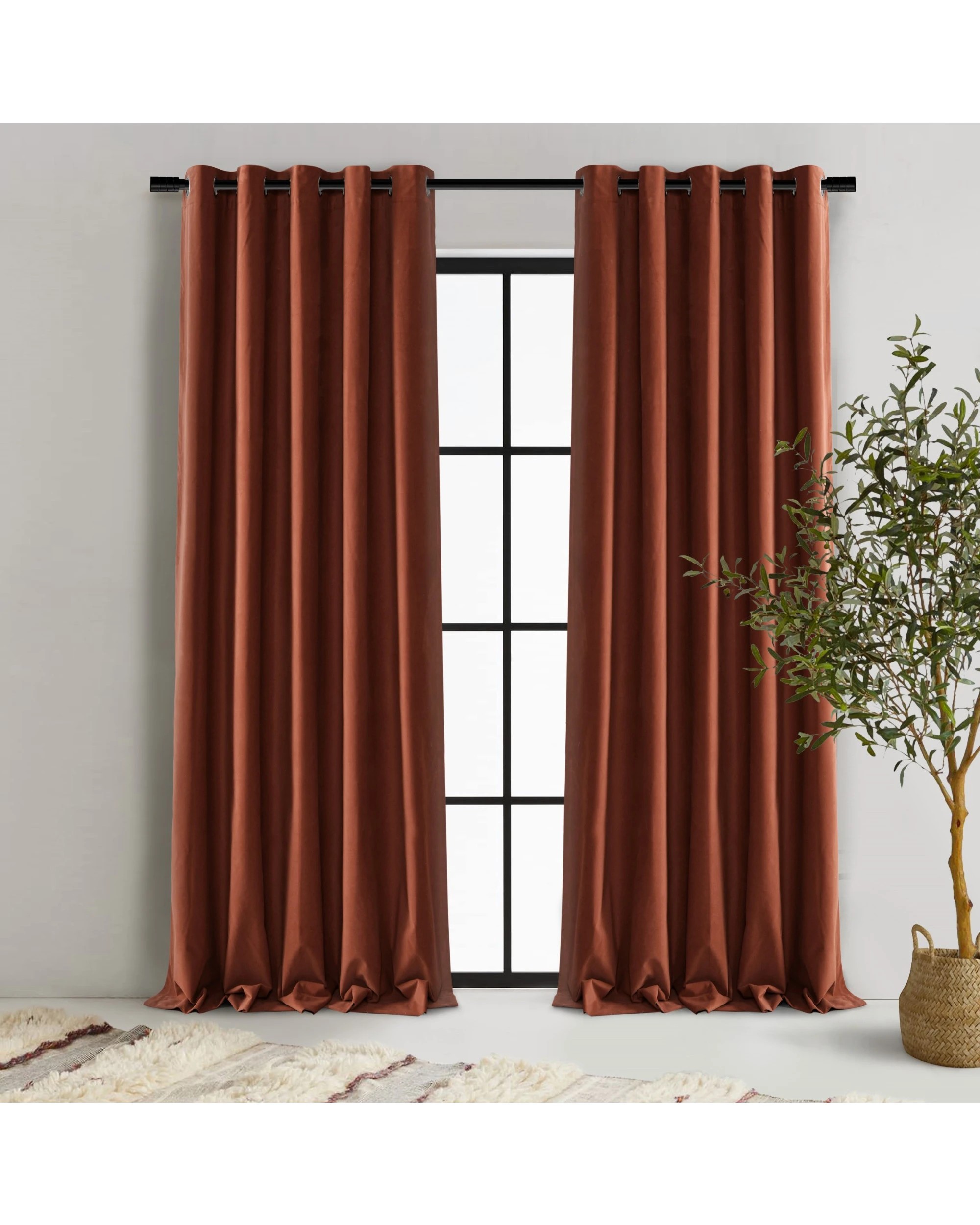 1 Cadence & Co. Byron Matte Velvet 100% Blockout Eyelet Curtain Twin Pack 225x223cm - Rust, 1 of 5