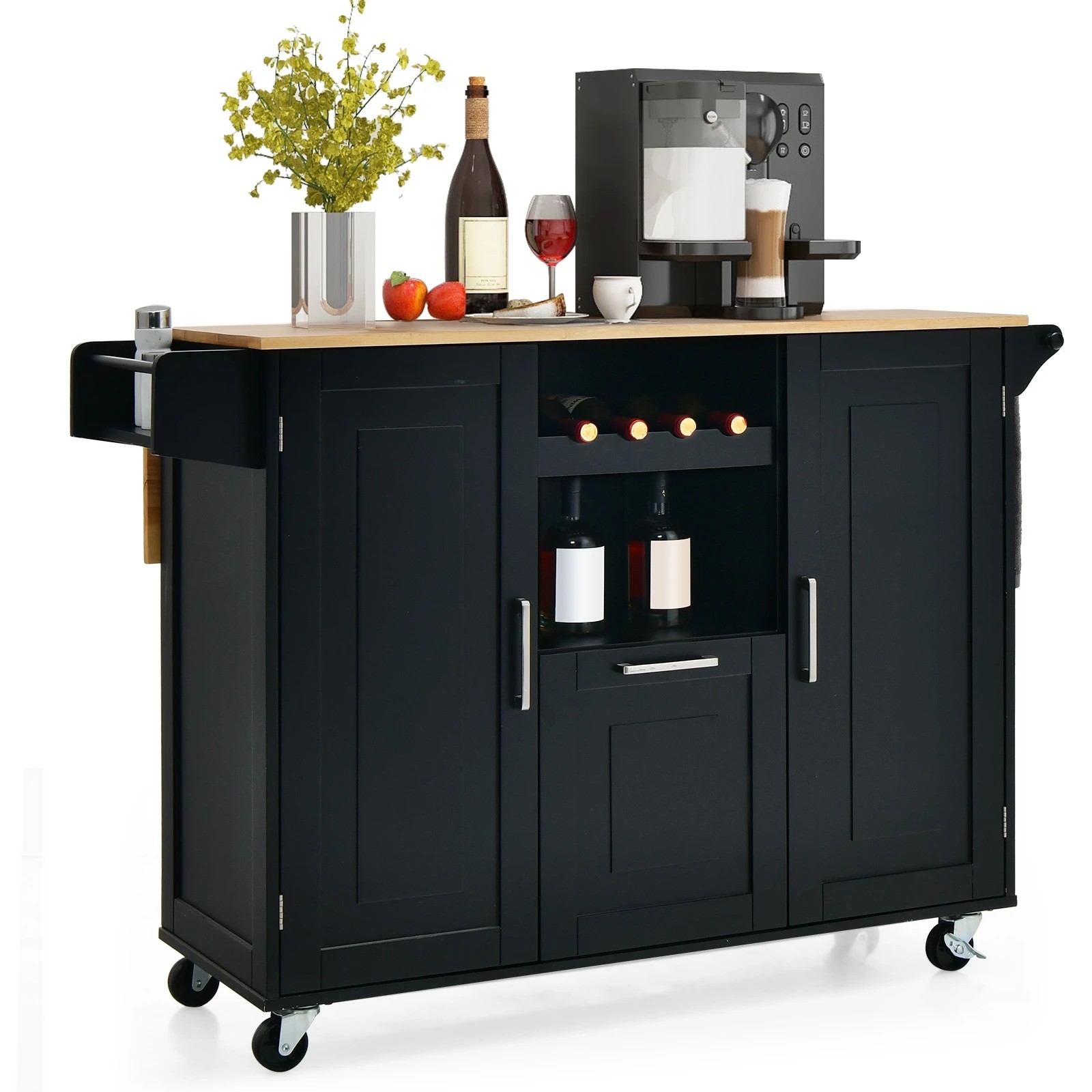 5 Costway Wood Kitchen Island Drop-leaf Trolley Black, 5 of 5