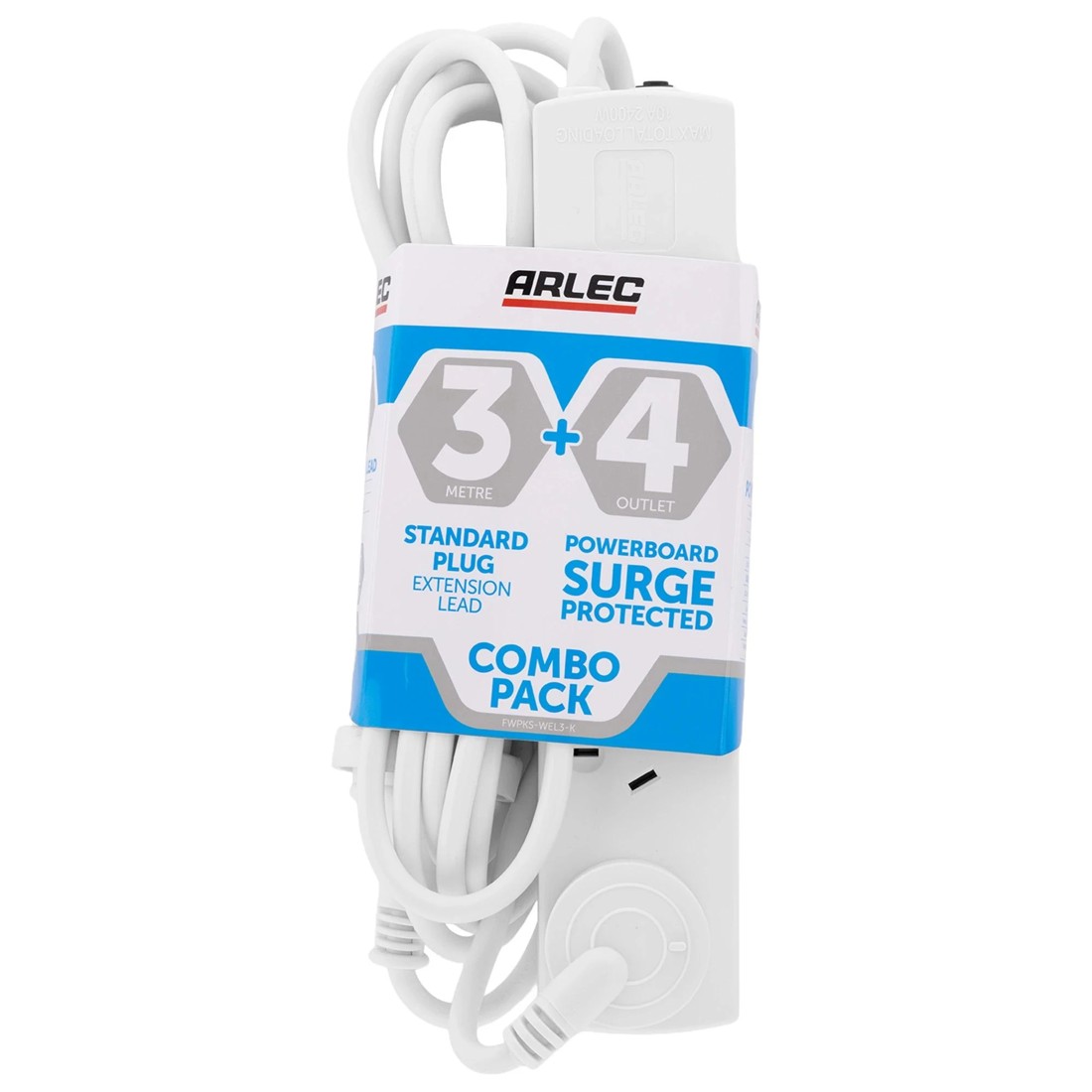 1 Arlec 4 Outlet Surge Protected Powerboard and 3m Standard Plug Extension Lead Combo Pack - White, 1 of 6