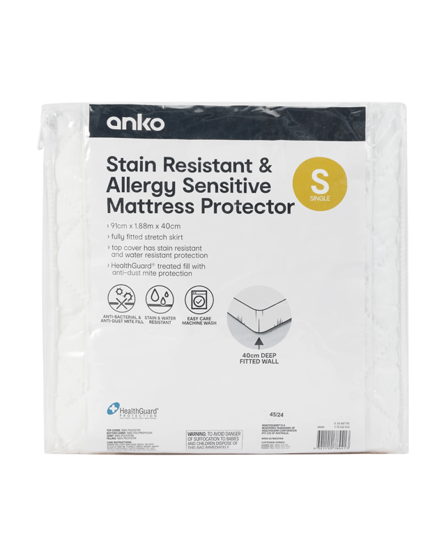 Stain Resistant and Allergy Sensitive Mattress Protector - Single Bed, W