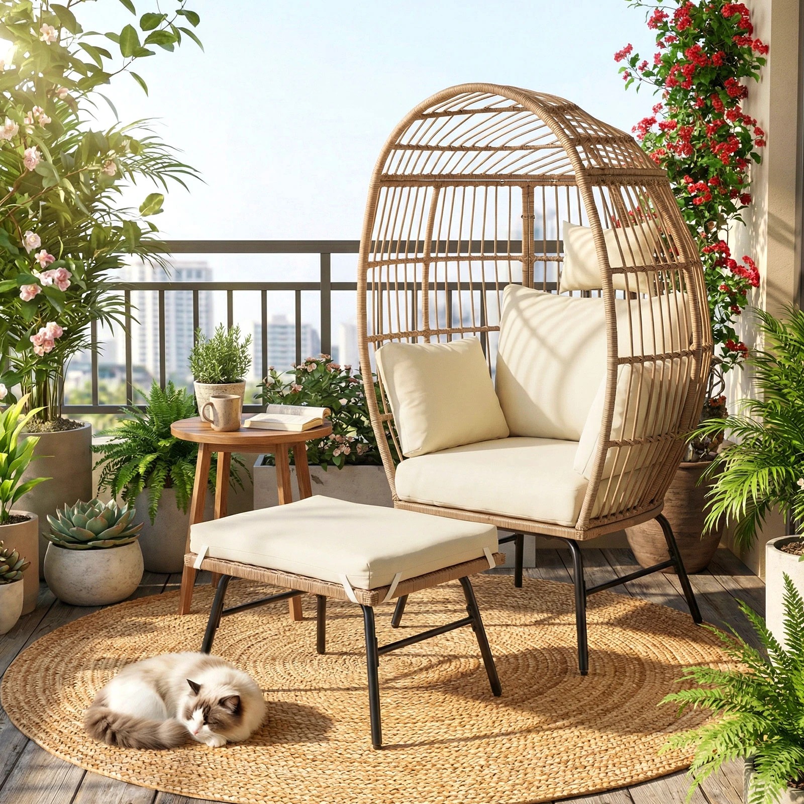 3 Costway PE Rattan Egg Chair & Ottoman Set Patio Wicker Lounge Chair Footstool - Multi, 3 of 3