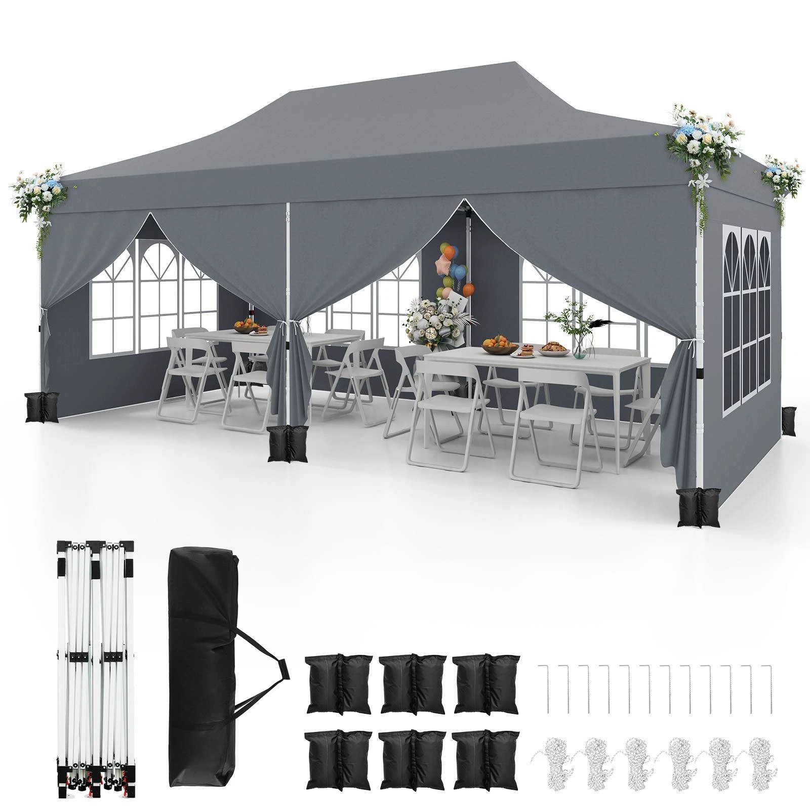 1 Costway Gazebo 3×6m Pop up Marquee UPF50+ Wedding Party Tent Side Wall - Grey, 1 of 3