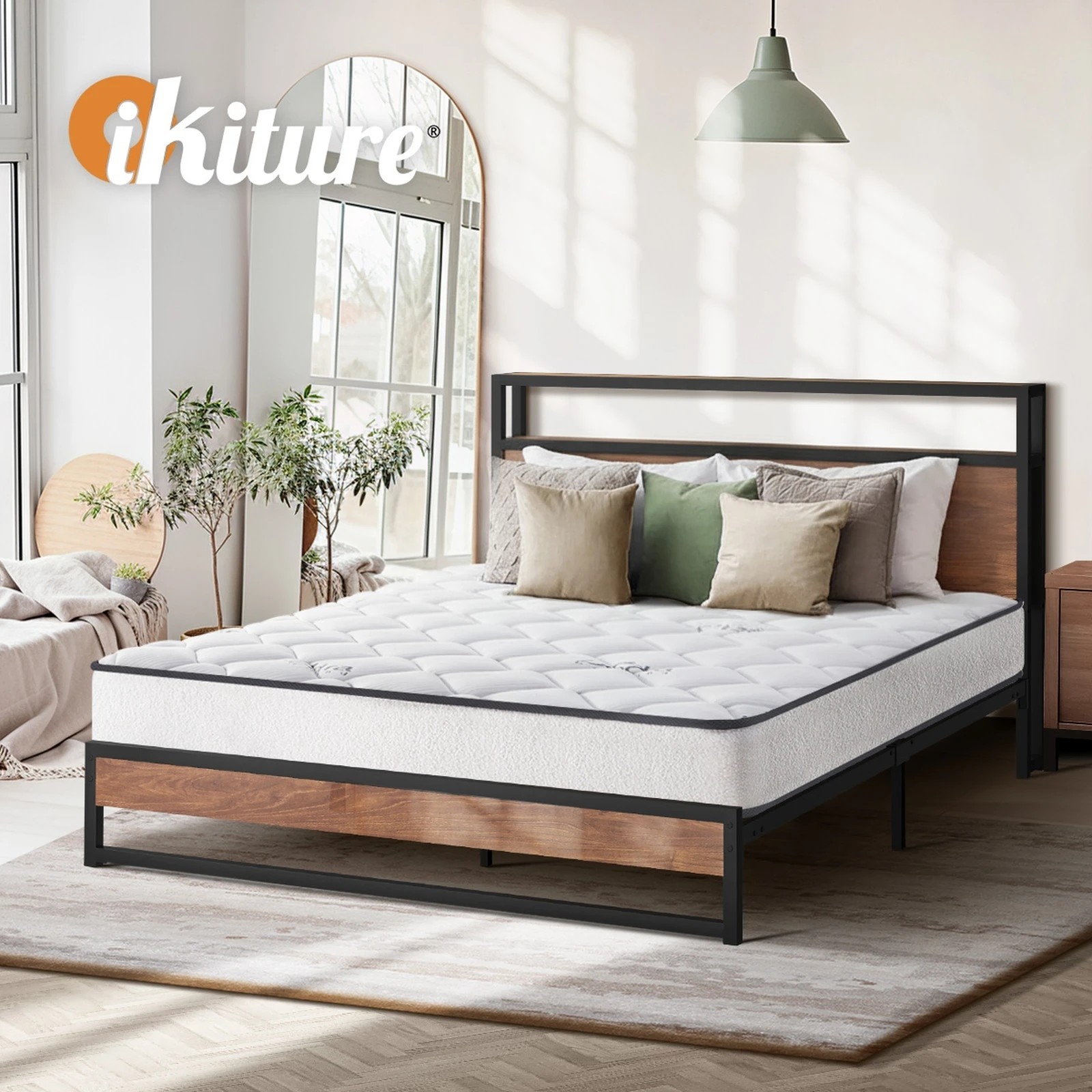9 Oikiture Metal Bed Frame King Size LED Storage USB with Mattress - Brown, 9 of 10