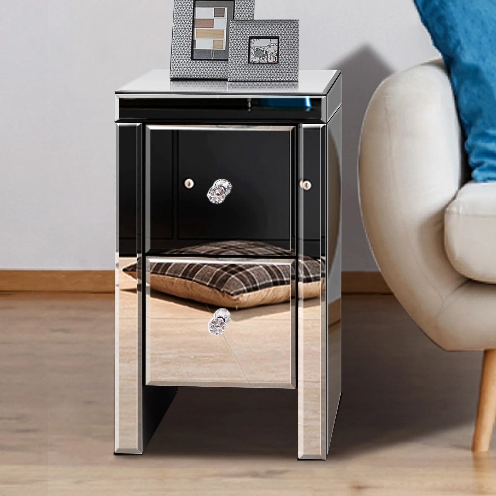 5 Alfordson 2x Mirrored Bedside Table Nightstand Storage Drawers - Silver, 5 of 10