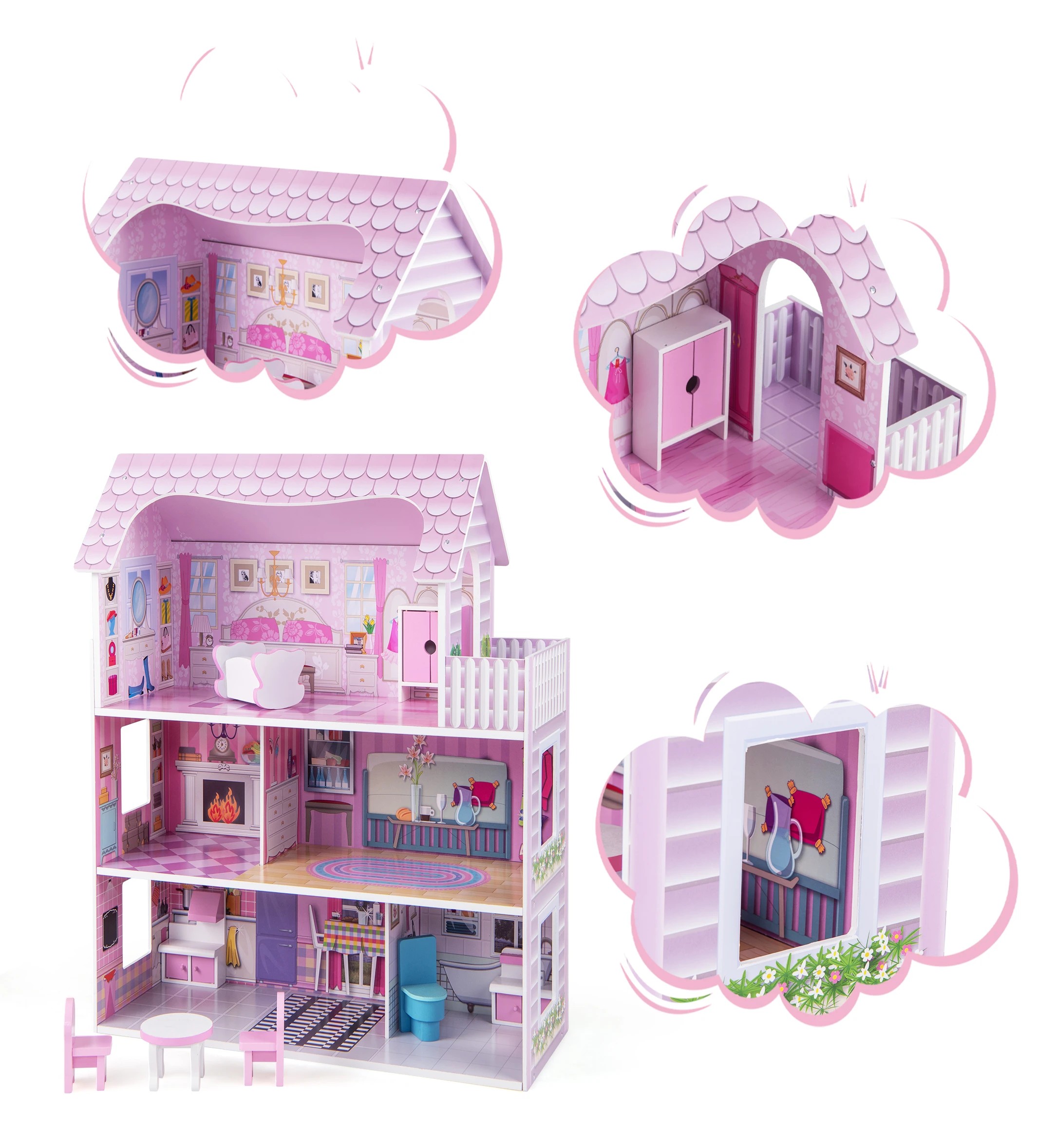 4 Costway 3-Tier Doll House Kit Wood Dreamhouse Playset, 4 of 5