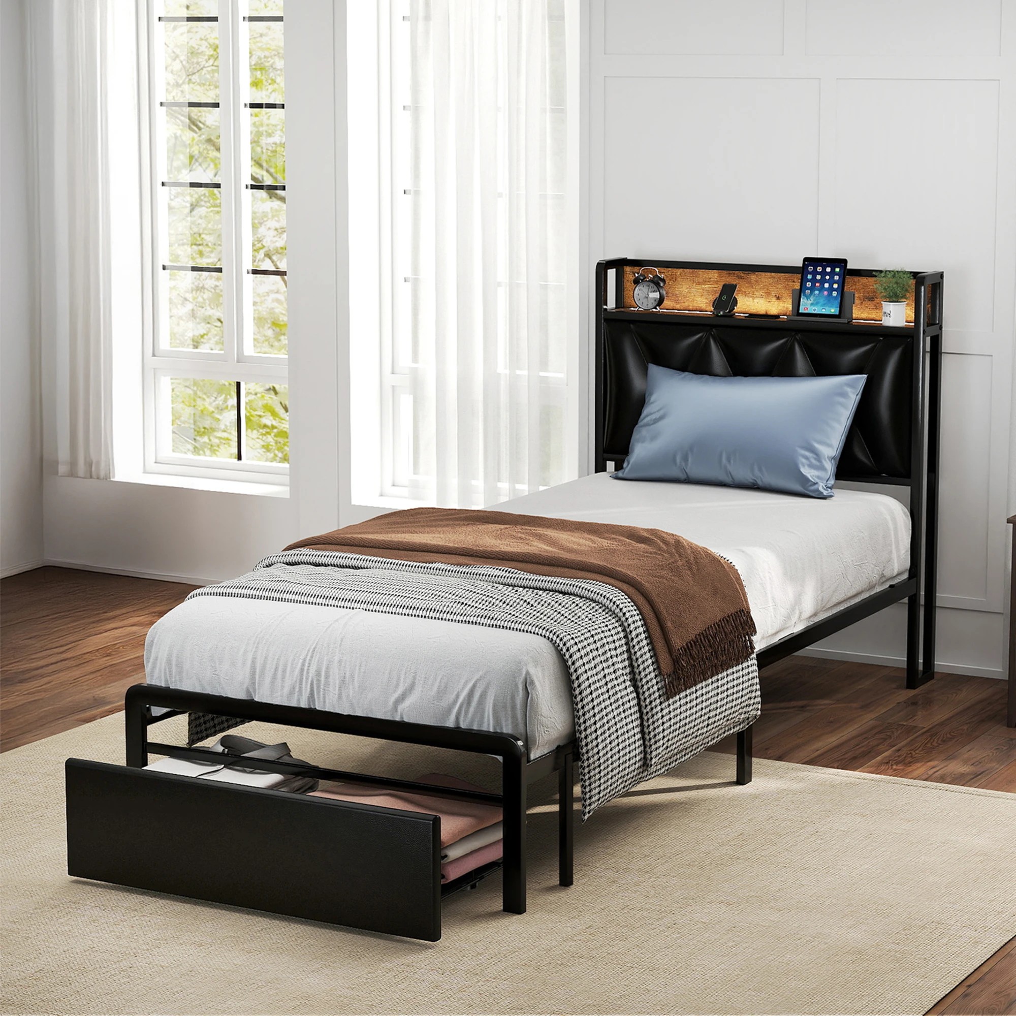 7 Levede Single Bed Frame PU with LED and Charging Station - Black, 7 of 9