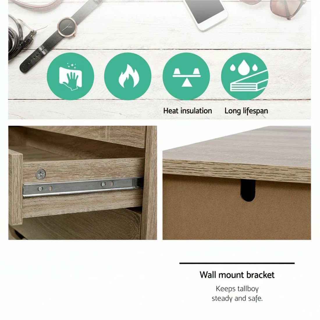 7 Artiss 6 Chest of Drawers Bedroom Storage Tallboy Cabinet Clothes Organizer Smooth Runners Modern Decor - Natural, 7 of 8