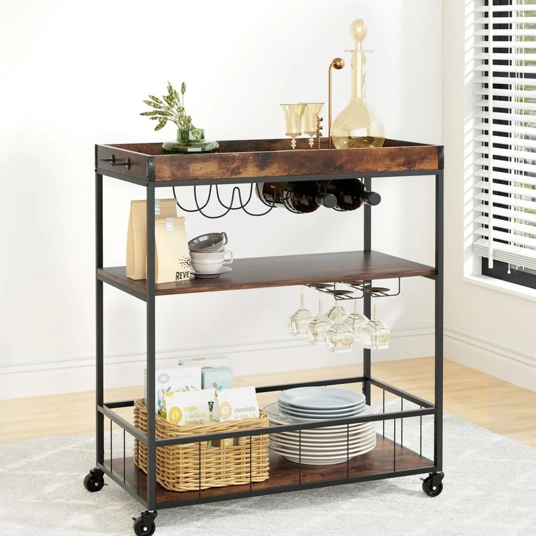3 Artiss Kitchen Island Rolling Serving Cart - Brown, 3 of 8