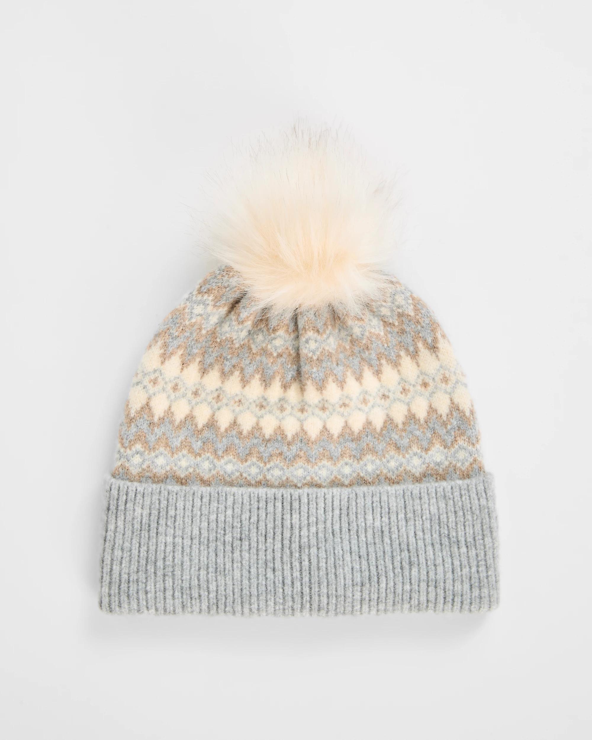1 Target Woman Fair Isle Faux Fur Pom Pom Beanie GREY, 1 of 1