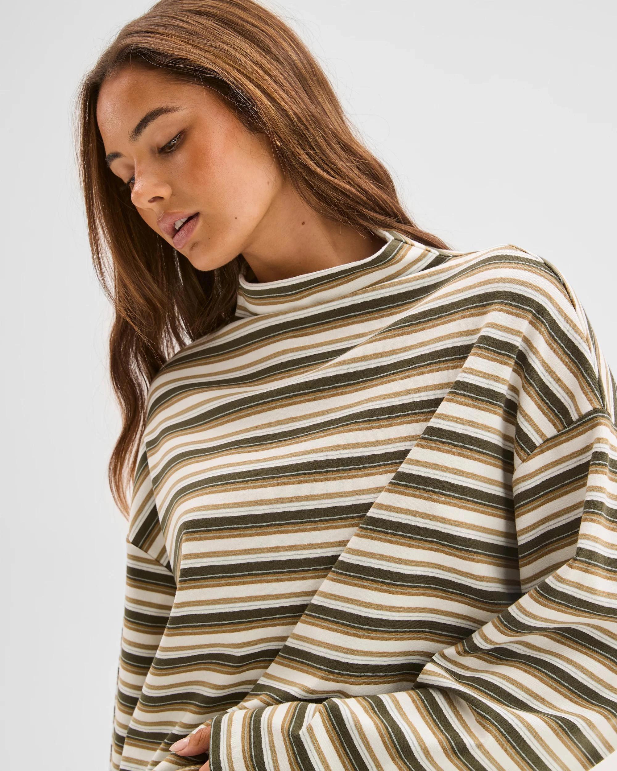 4 Lily Loves Australian Cotton High Neck Long Sleeve T-Shirt GREEN STRIPE, 4 of 6