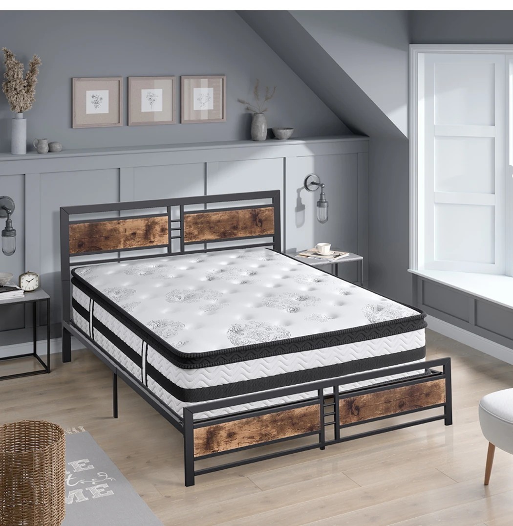 2 Metal Industrial Queen Bed Frame Spring Mattress Base Set HD 35cm Foam Brown, 2 of 3