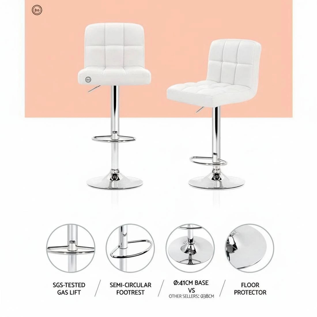 5 Artiss 2x Bar Stools Leather Gas Lift - White, 5 of 8