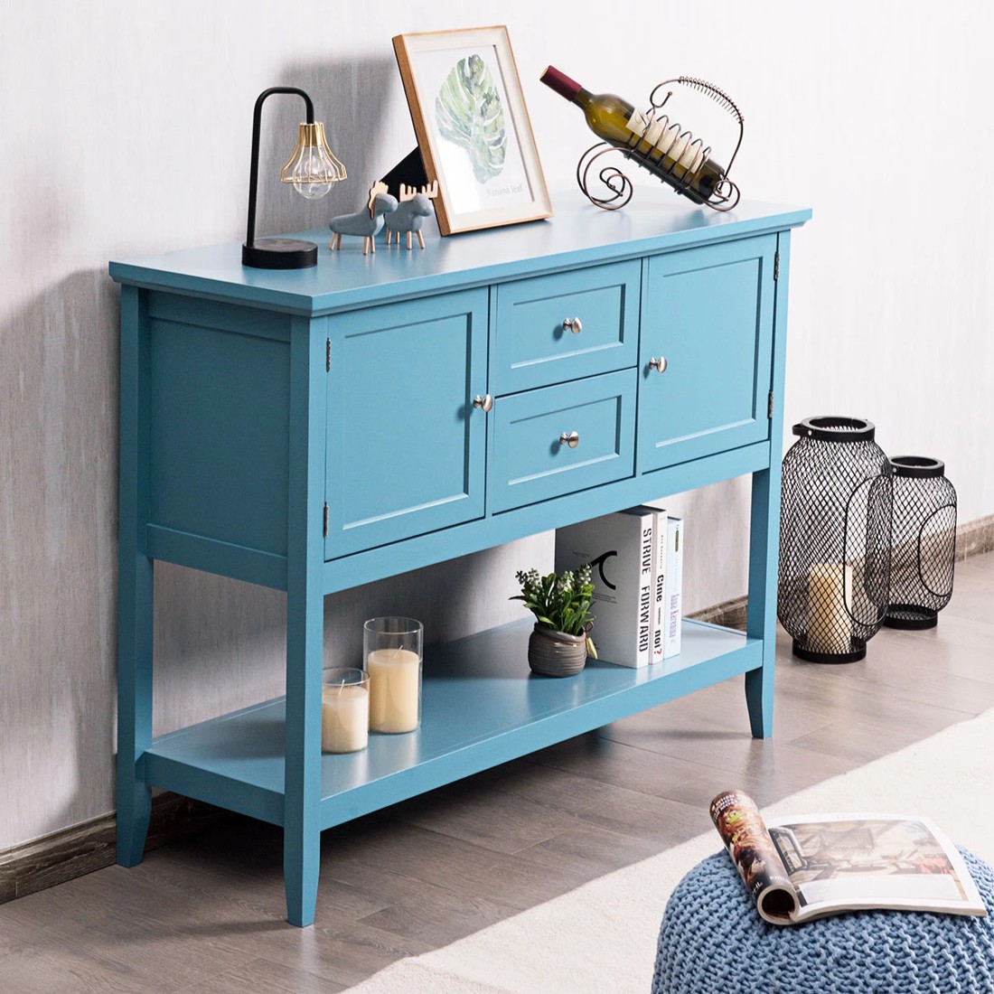 3 Costway Wood Console Table Sideboard Blue, 3 of 5