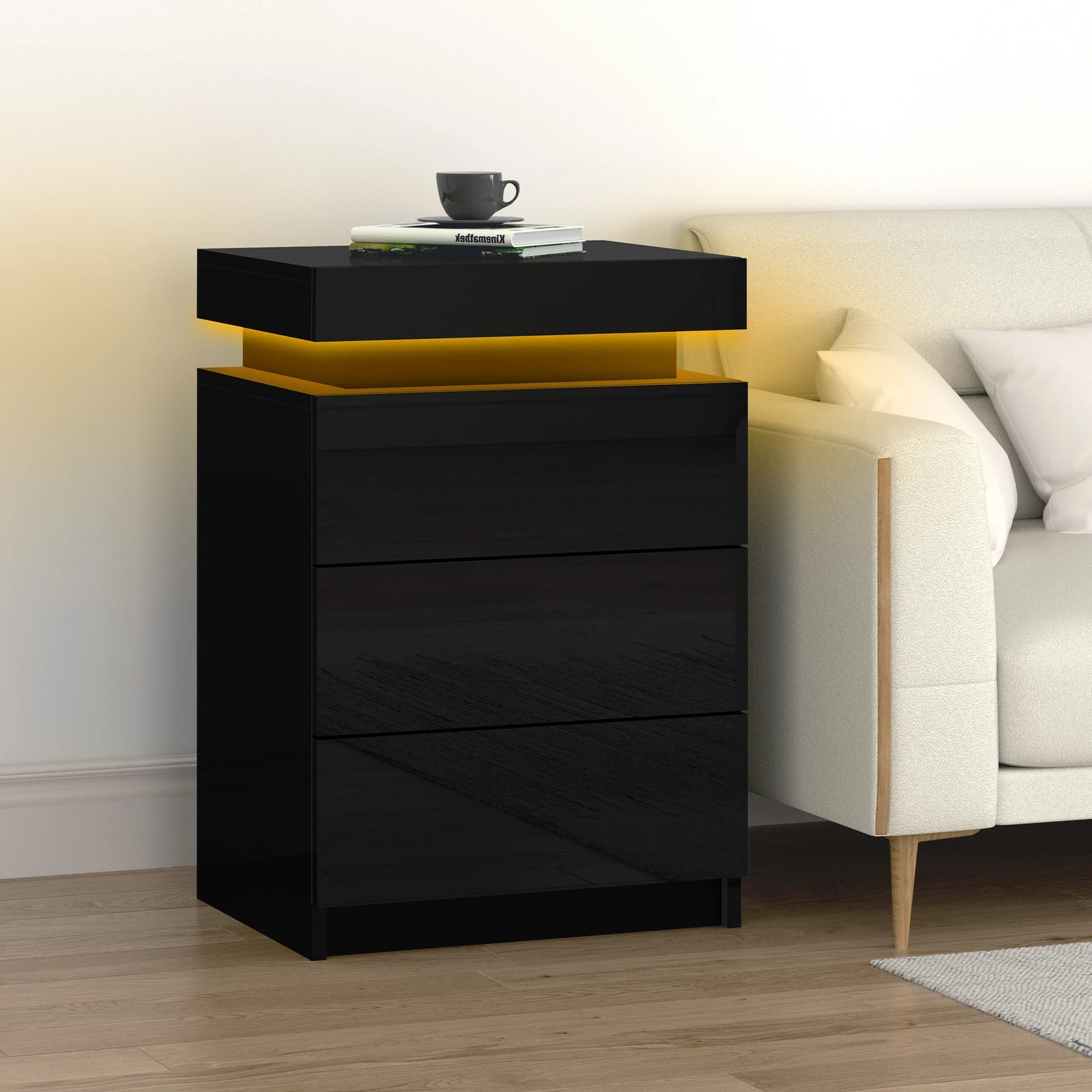4 Alfordson Bedside Table RGB LED Nightstand 3 Drawers 4 Side High Gloss - Black, 4 of 10