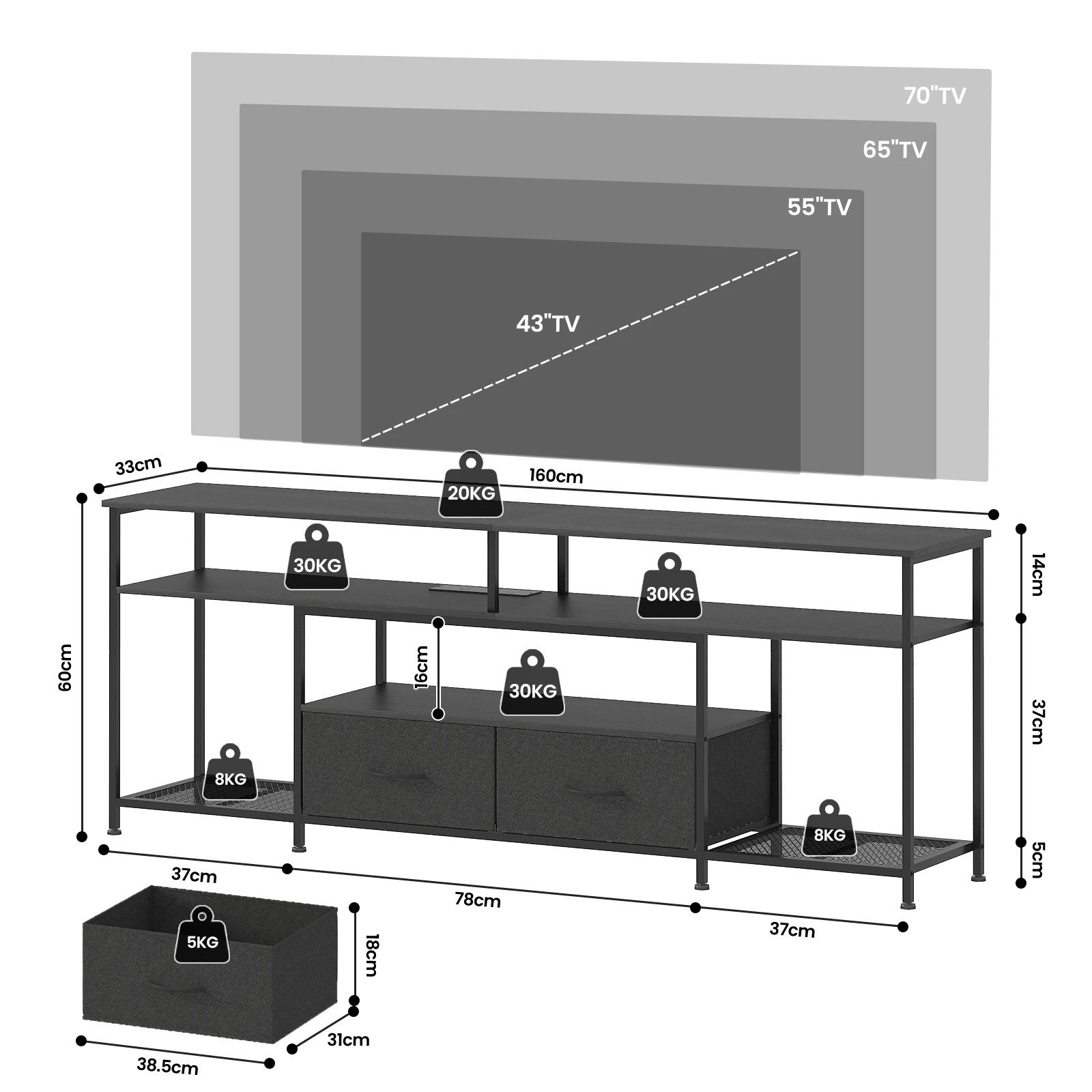 2 Advwin TV Cabinet 160cm LED Entertainment Unit Stand - Black, 2 of 6