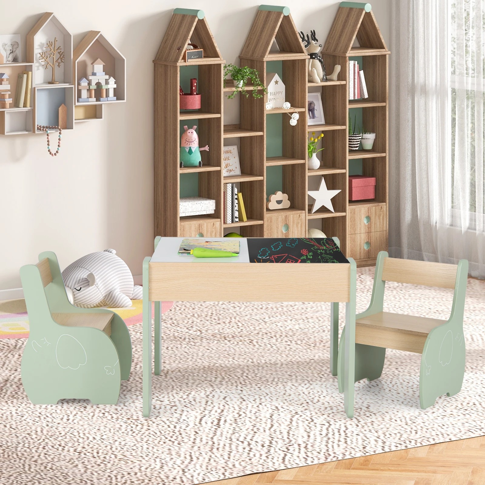 7 Costway 4-in-1 Kids Table Chair Set Wooden Activity Desk - Green, 7 of 7