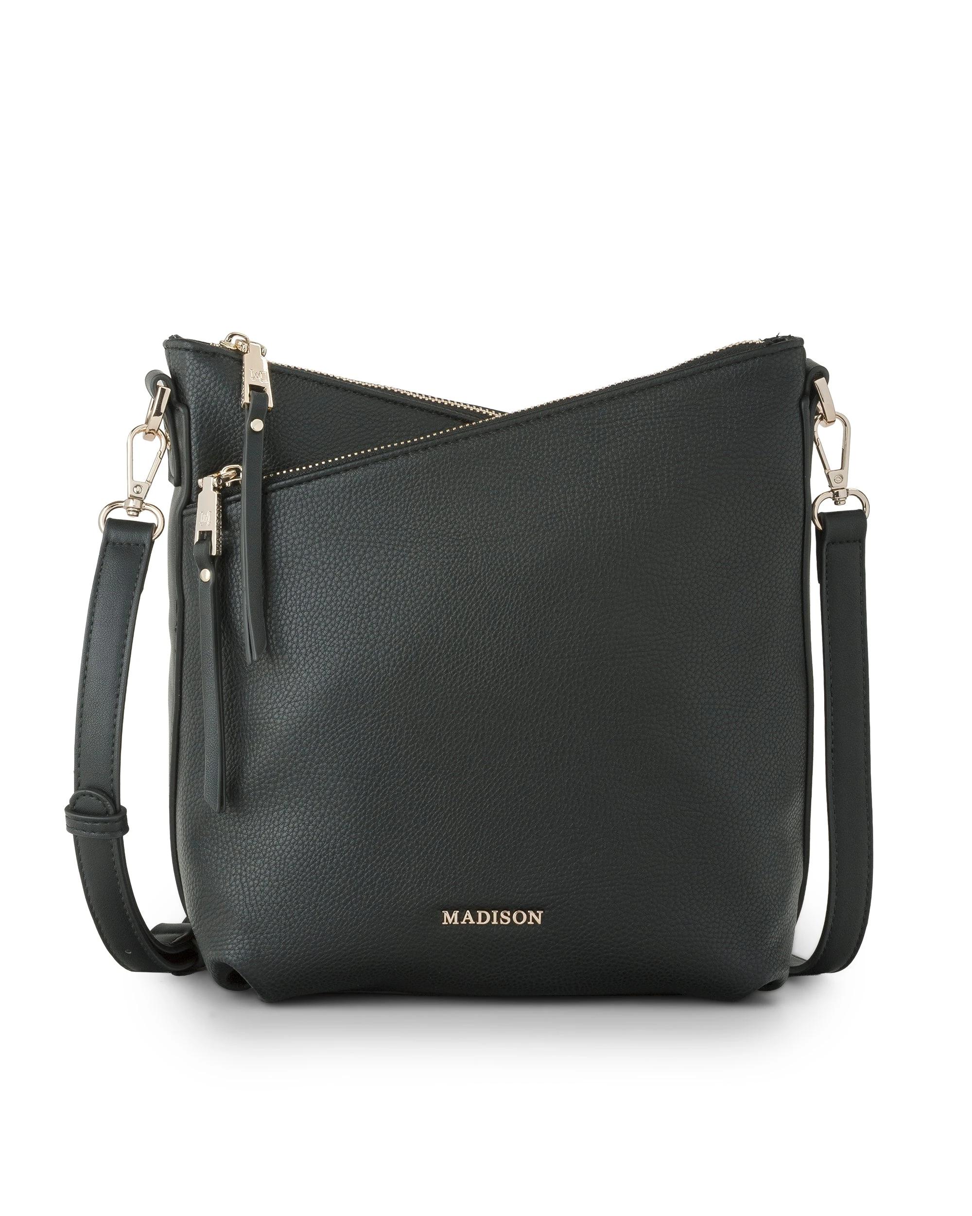 1 Madison Accessories Maya Medium Double Zip Sling Crossbody Bag BLACK LT GOLD, 1 of 5