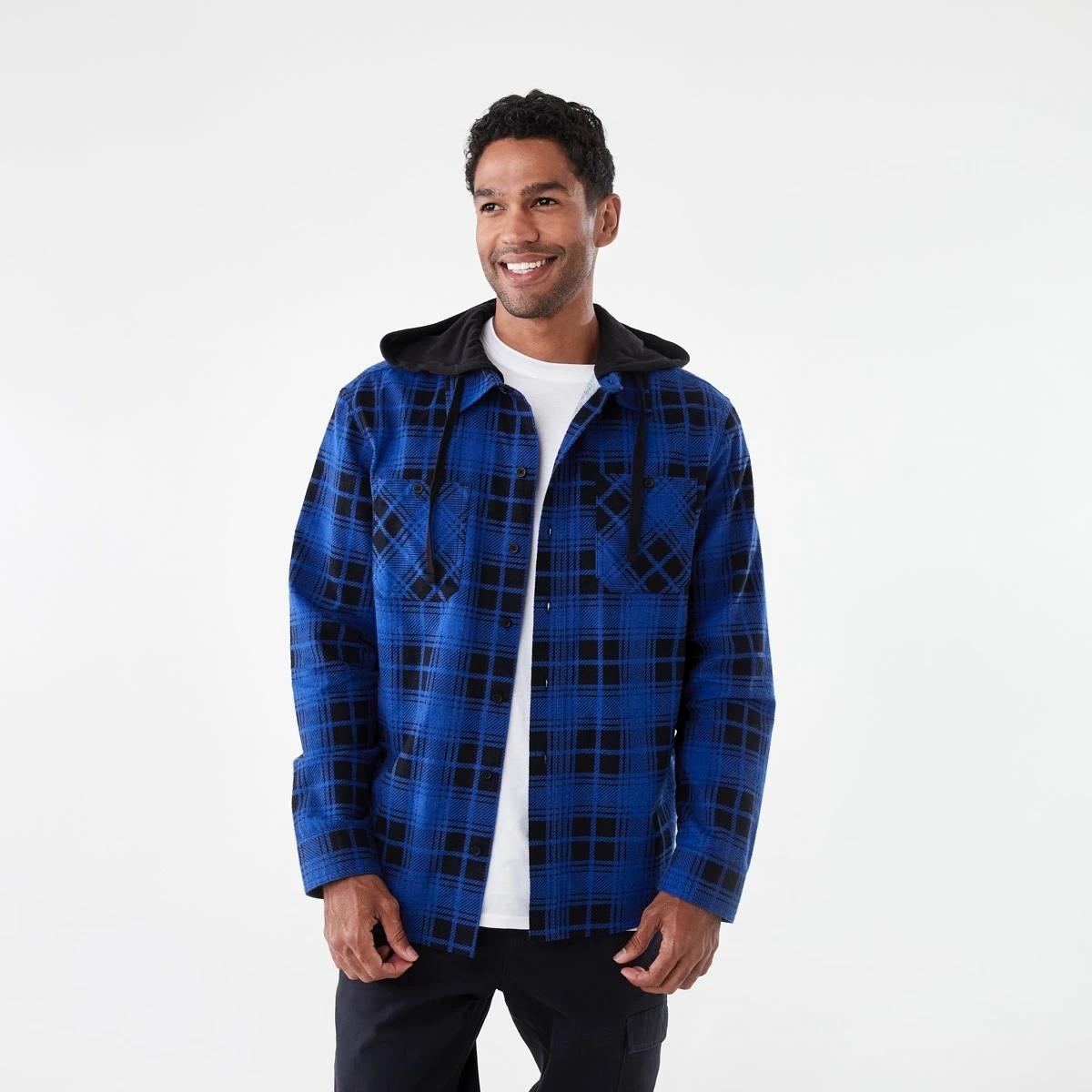 1 Workwear Long Sleeve Hooded Shirt Blu Check, 1 of 7