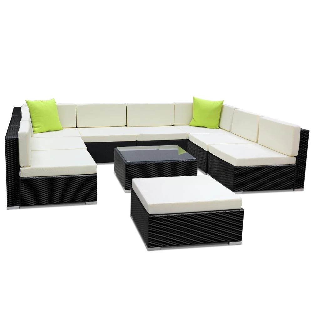 1 Gardeon 10-Piece Outdoor Sofa Set Wicker Couch Lounge Setting 9 Seater - Black, 1 of 7
