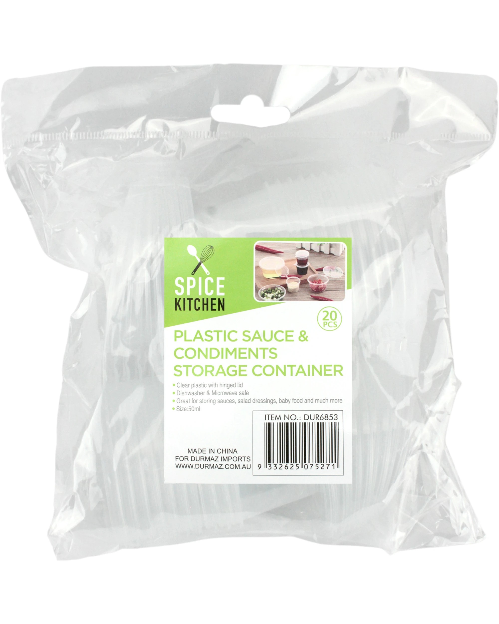 3 Spice Kitchen Sauce Containers with Hinged Lids 50ml Pack of 20 - Clear, 3 of 3