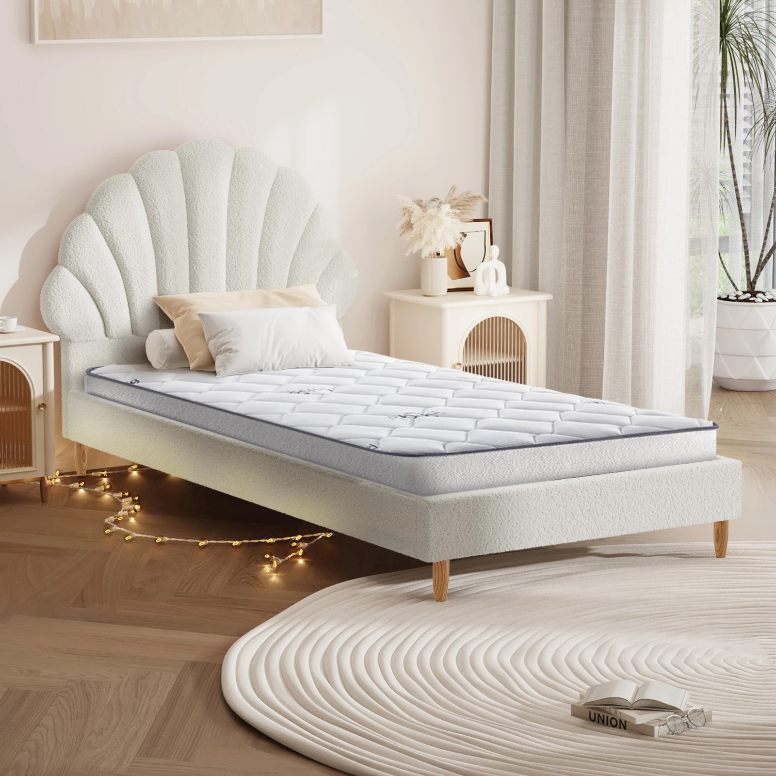 3 Oikiture Bed Frame Single Size Scallop-Shape Bedhead Boucle with Mattress - White, 3 of 8