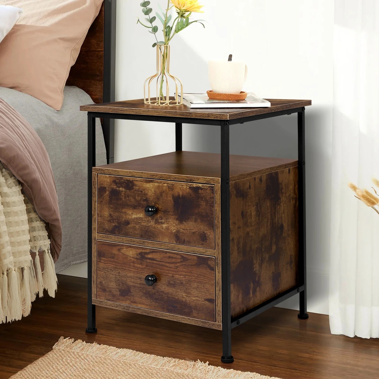 8 Alfordson Bedside Table Retro Wooden Nightstand Vintage Storage Side Cabinet - Brown, 8 of 10