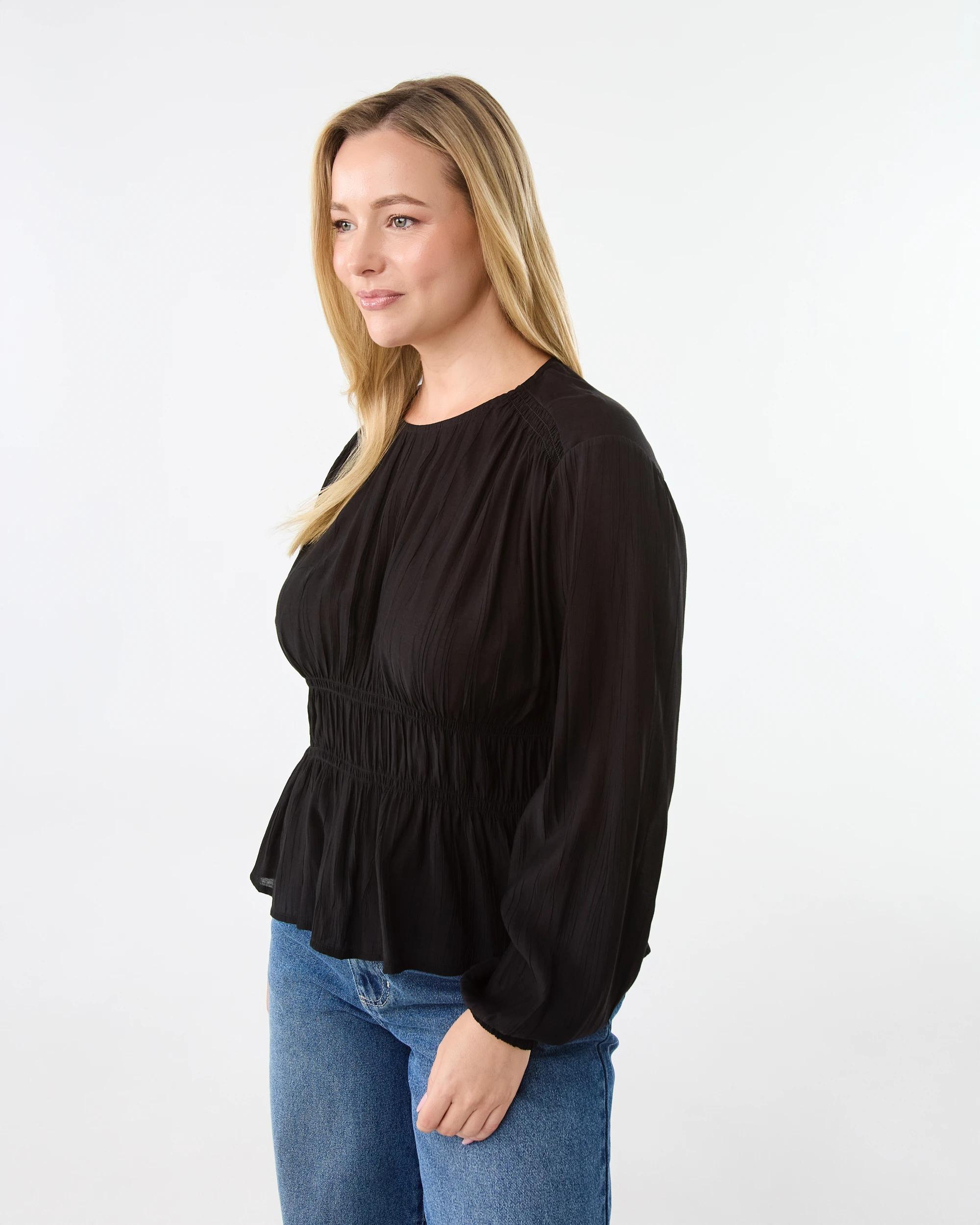 2 Long Sleeve Shirred Detail Top Black, 2 of 8