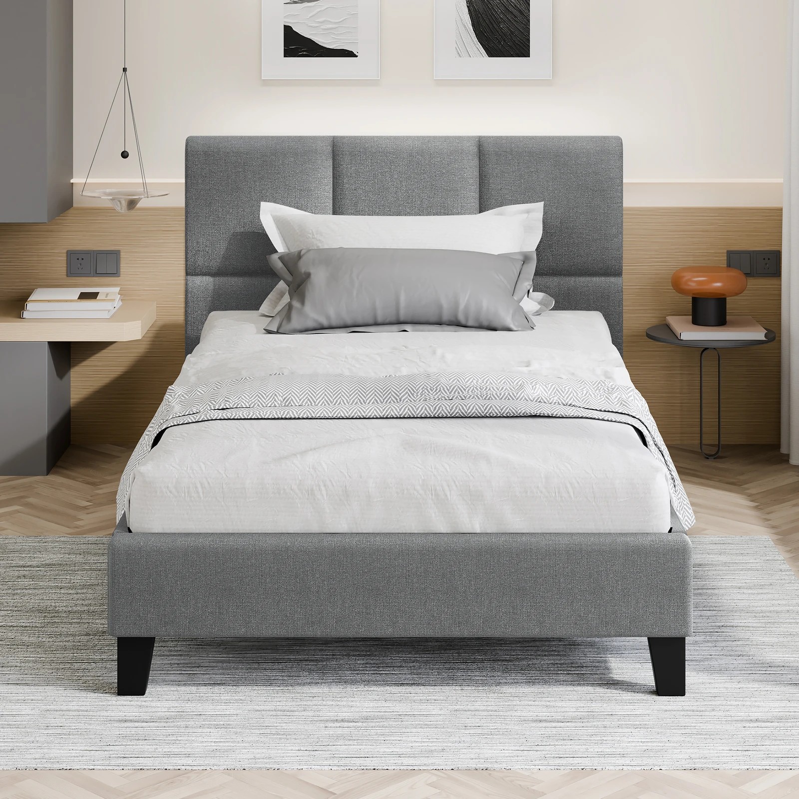 3 Alfordson Bed Frame Single Size Wooden Platform Mattress Base Fabric - Grey, 3 of 10