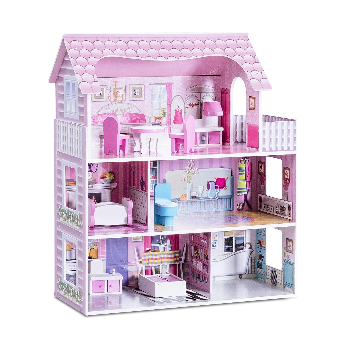 1 Costway 3-Tier Doll House Kit Wood Dreamhouse Playset, 1 of 5