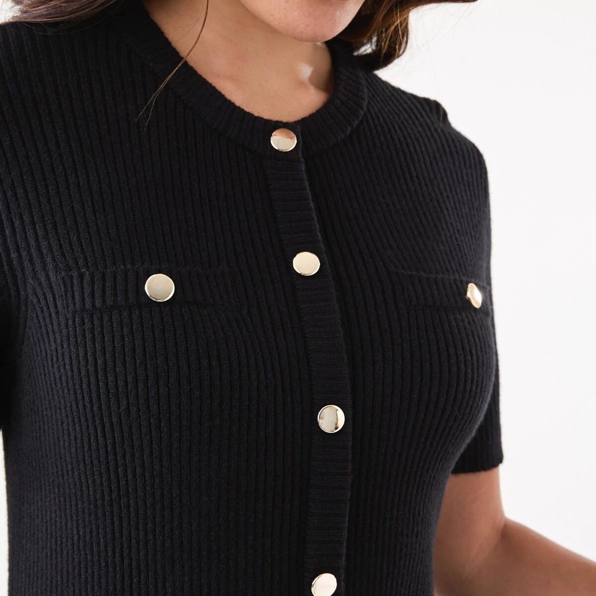 5 Short Sleeve Button Detail Knit Mini Dress Black, 5 of 6