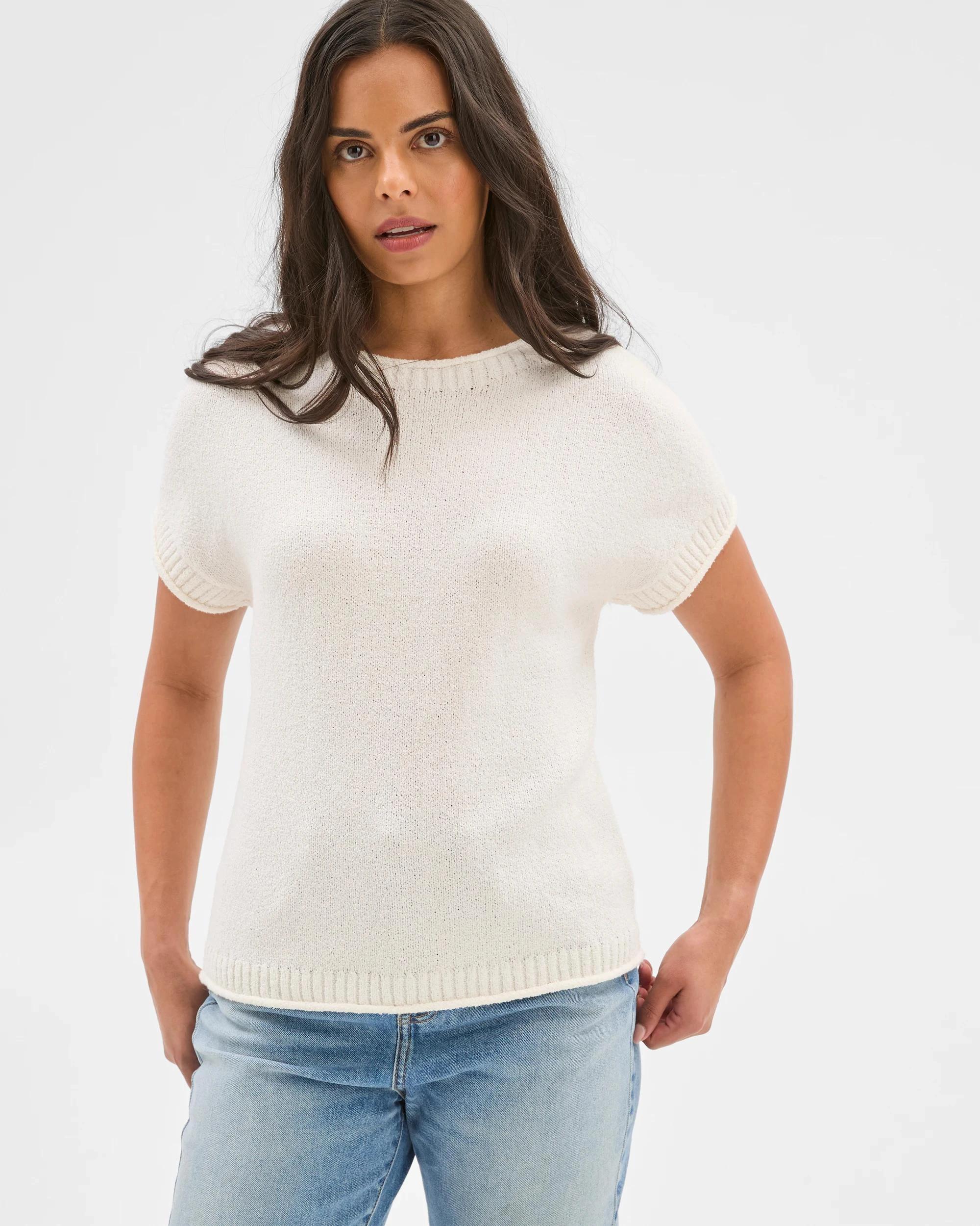 3 Target Australian Cotton Blend Boucle Roll Trim Knit Top CLOUD DANCER, 3 of 5