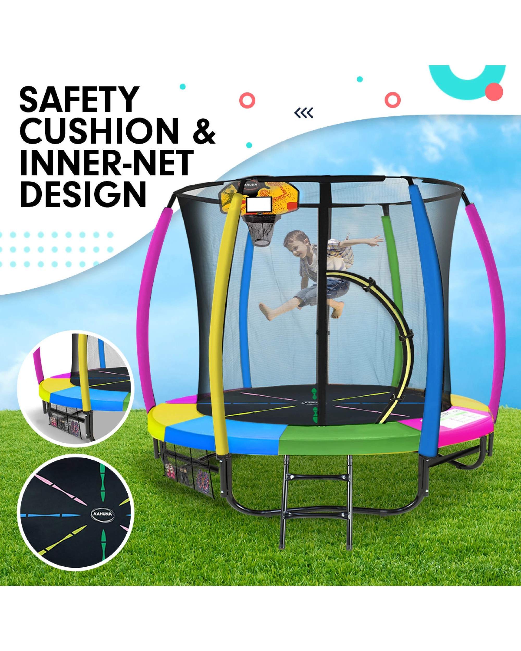 2 Kahuna Trampoline 8 Ft With L.e.d Basketball Set - Rainbow, 2 of 10