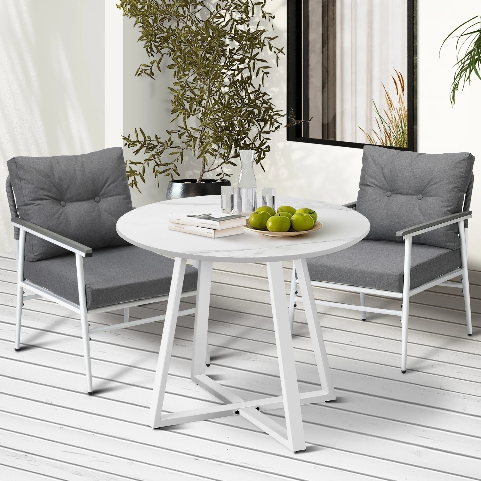 3 Livsip Outdoor Dining Setting Patio Furniture Set 2 Seater Round Table Chair - White, 3 of 9
