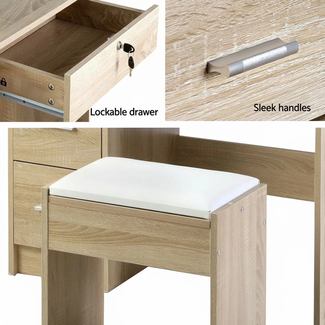 8 Artiss Dressing Table Stool Set Sliding Mirror Oak Diane - Natural, 8 of 8