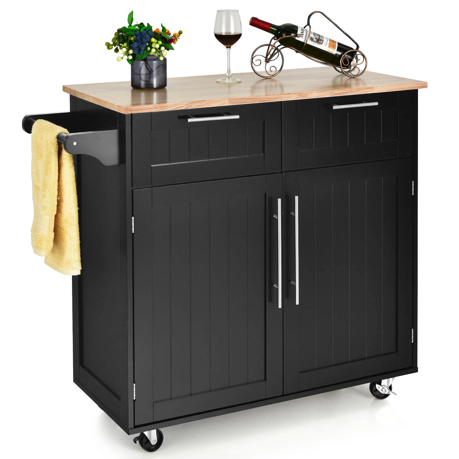 5 Costway Kitchen Island Trolley Rubber Wood Top Black, 5 of 5