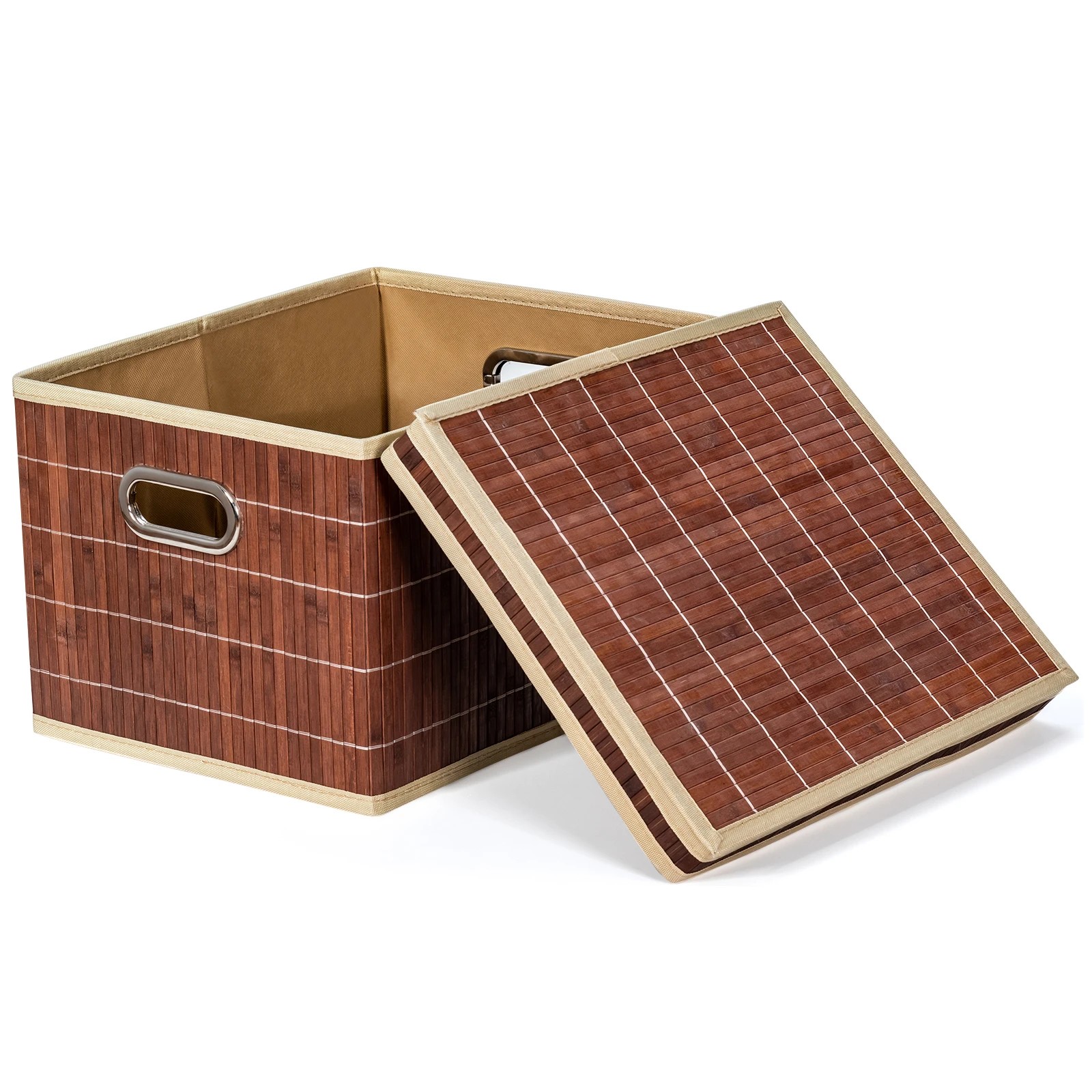 1 Costway 2x Bamboo Storage Boxes Folding Picnic Baskets Organizer Hamper w/Removable Lids - Brown, 1 of 3
