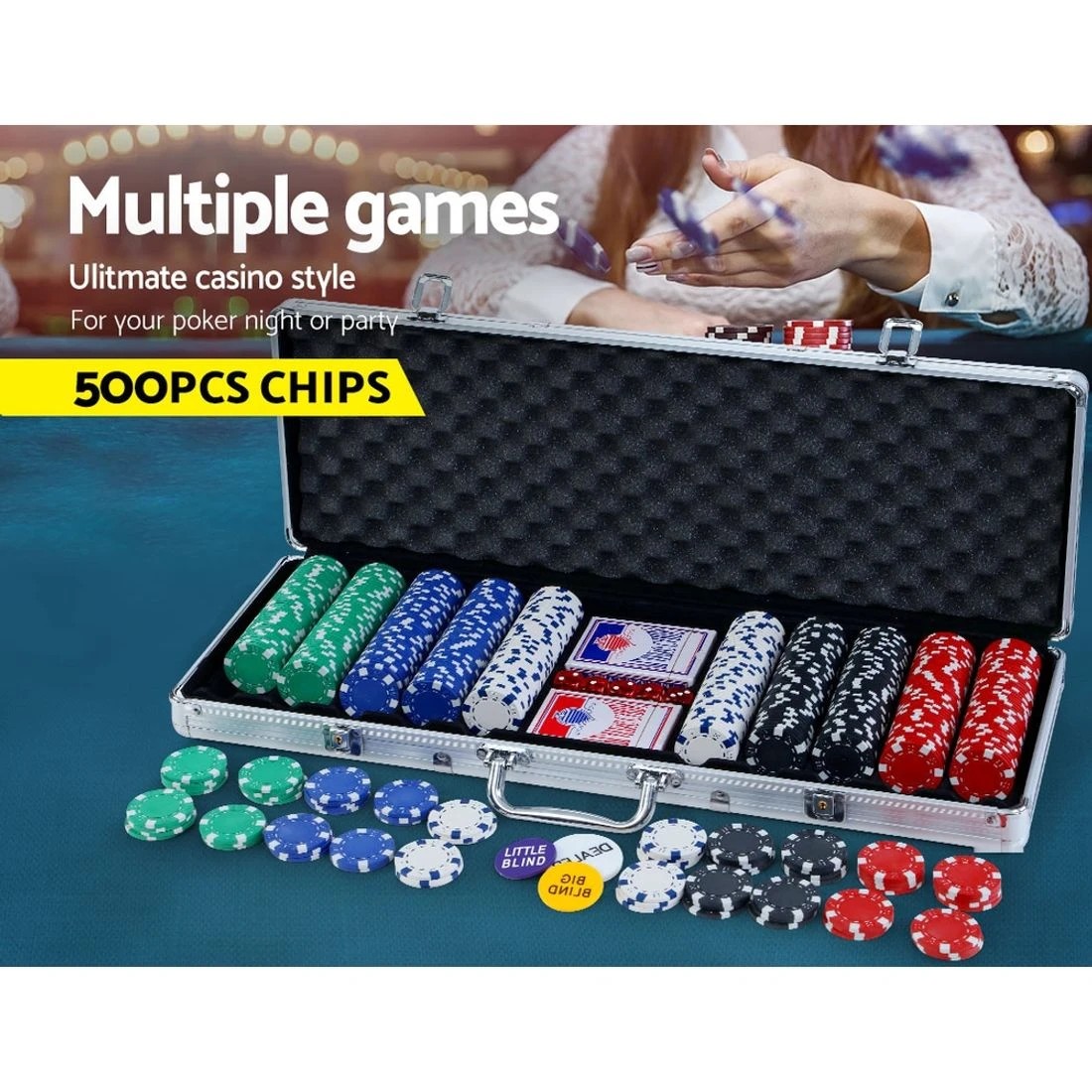 1 500pcs Poker Chips Set Casino Texas Hold'em Party Game Dice Cards - Silver, 1 of 5